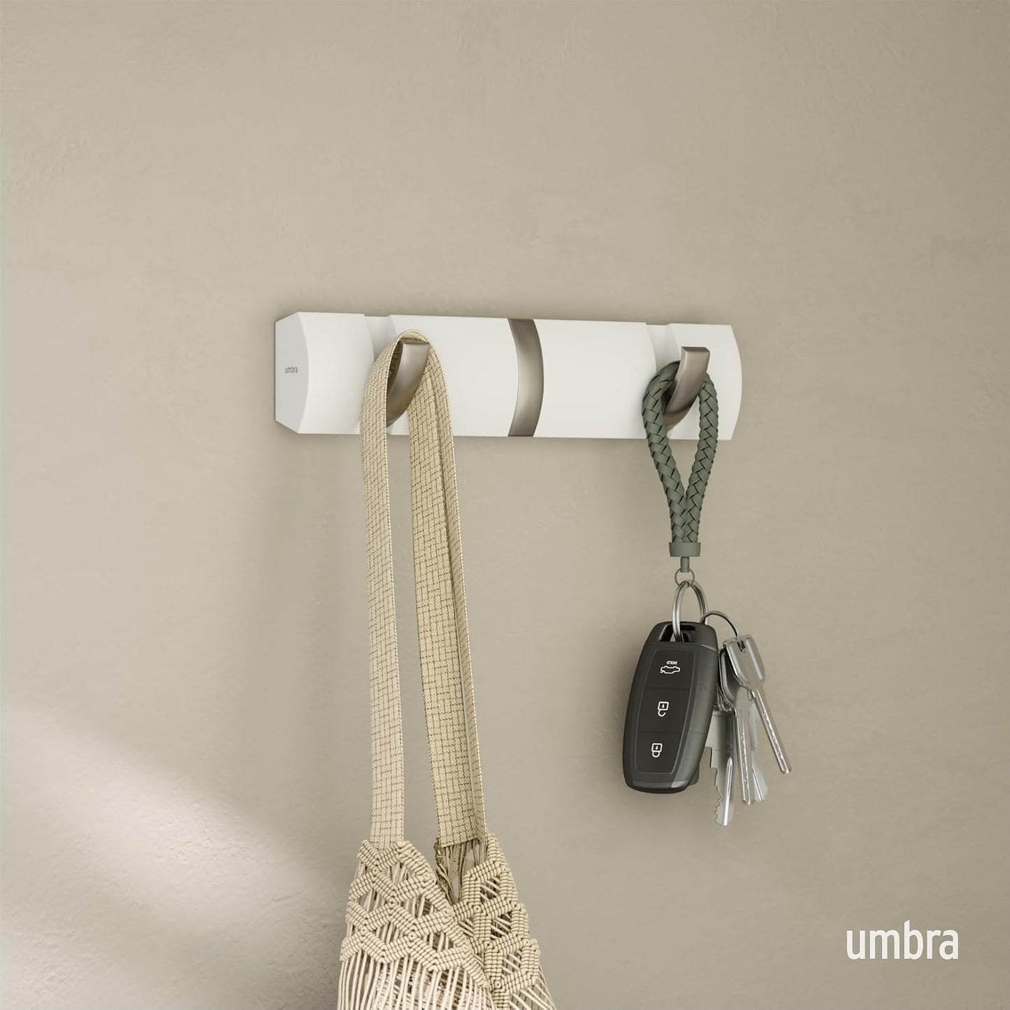 Umbra Flip Coat Rack, Wall Mount Retractable Hooks, 3-Hook, White/Nickel | Real wood and steel build, folds flat when