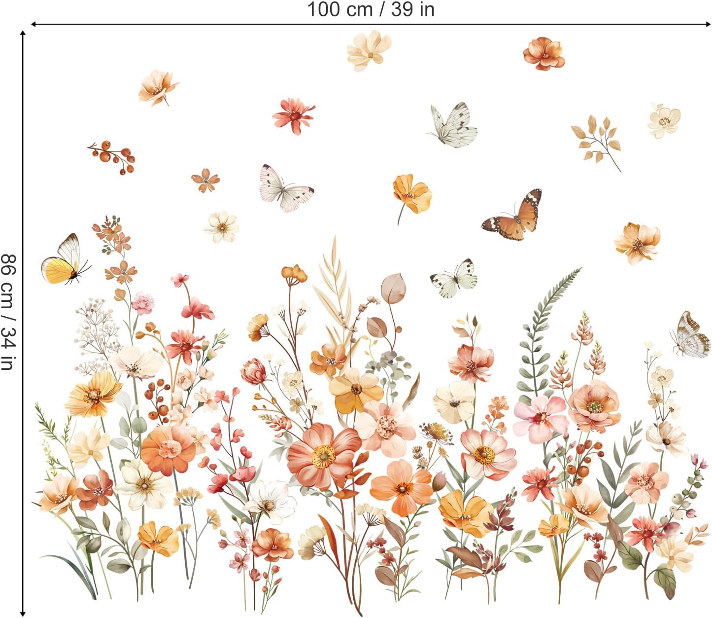Boho Flower Wall Decals Garden Floral Butterflies Wall Stickers Girls Bedroom Living / Wildflower
