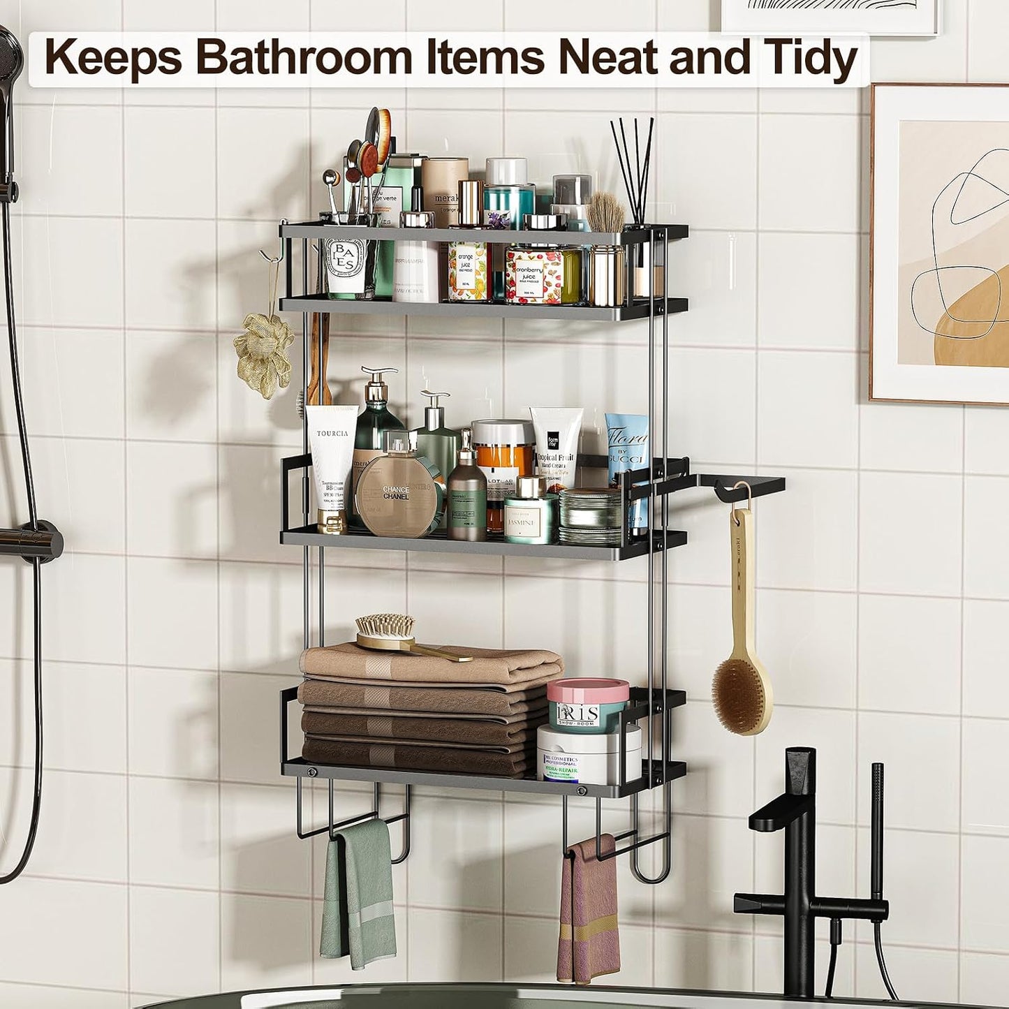 3-Tier Over Toilet Storage Shelf, Wall-Mount with 2 Hook/Paper Rack | Bathroom Organizers and Storage Cabinet