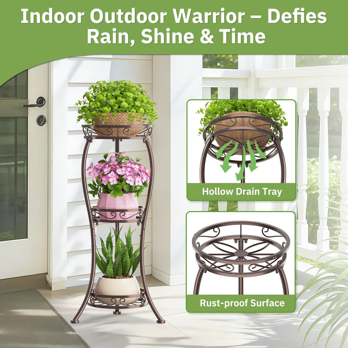 KMOTASUO Metal Plant Stand Tall for Indoor Outdoor Corner, 3 Tier Bronze | Heavy Duty Flower Holder Rack, Modern