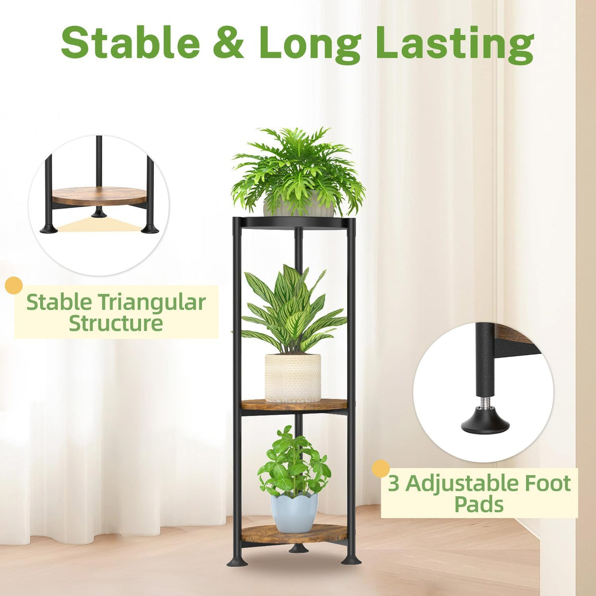 iDavosic.ly 3 Tier Corner Metal Plant Stand Indoor with Grow Light, Black | Vertical Outdoor Flower Display Holder for