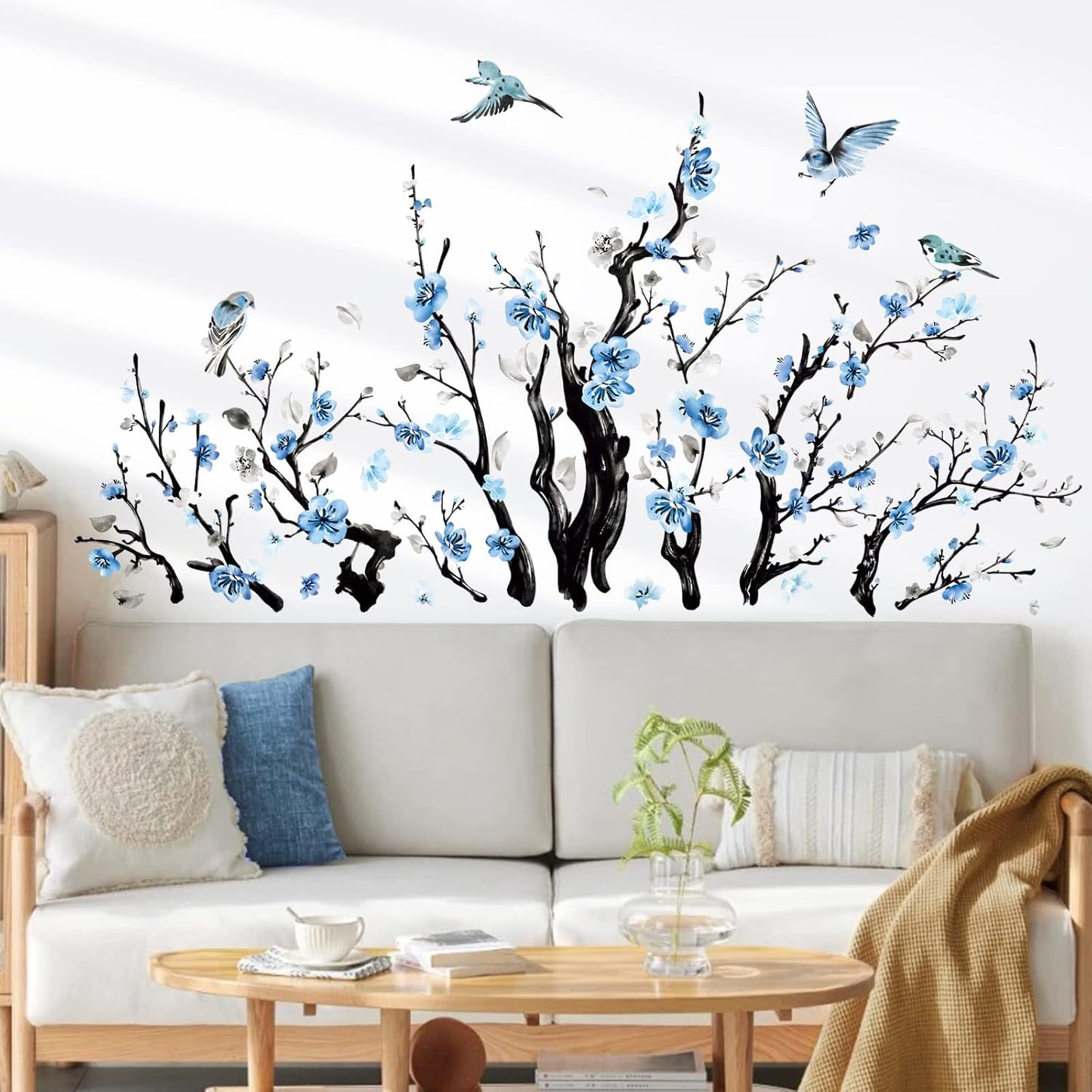 Watercolor Flower Tree Branch Wall Stickers Blossom Floral Birds Peel and Stick Wall Art / B / Blue