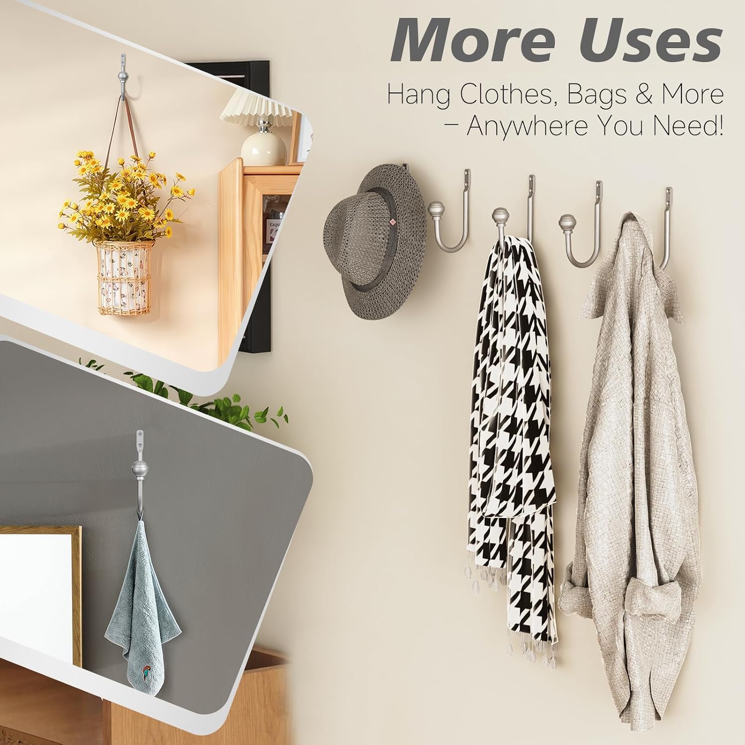 Hion Curtain Holdbacks Silver 6pcs, Curtain Tiebacks Wall Mounted Hooks | Curtain Holders for Drapes, One-Piece Metal