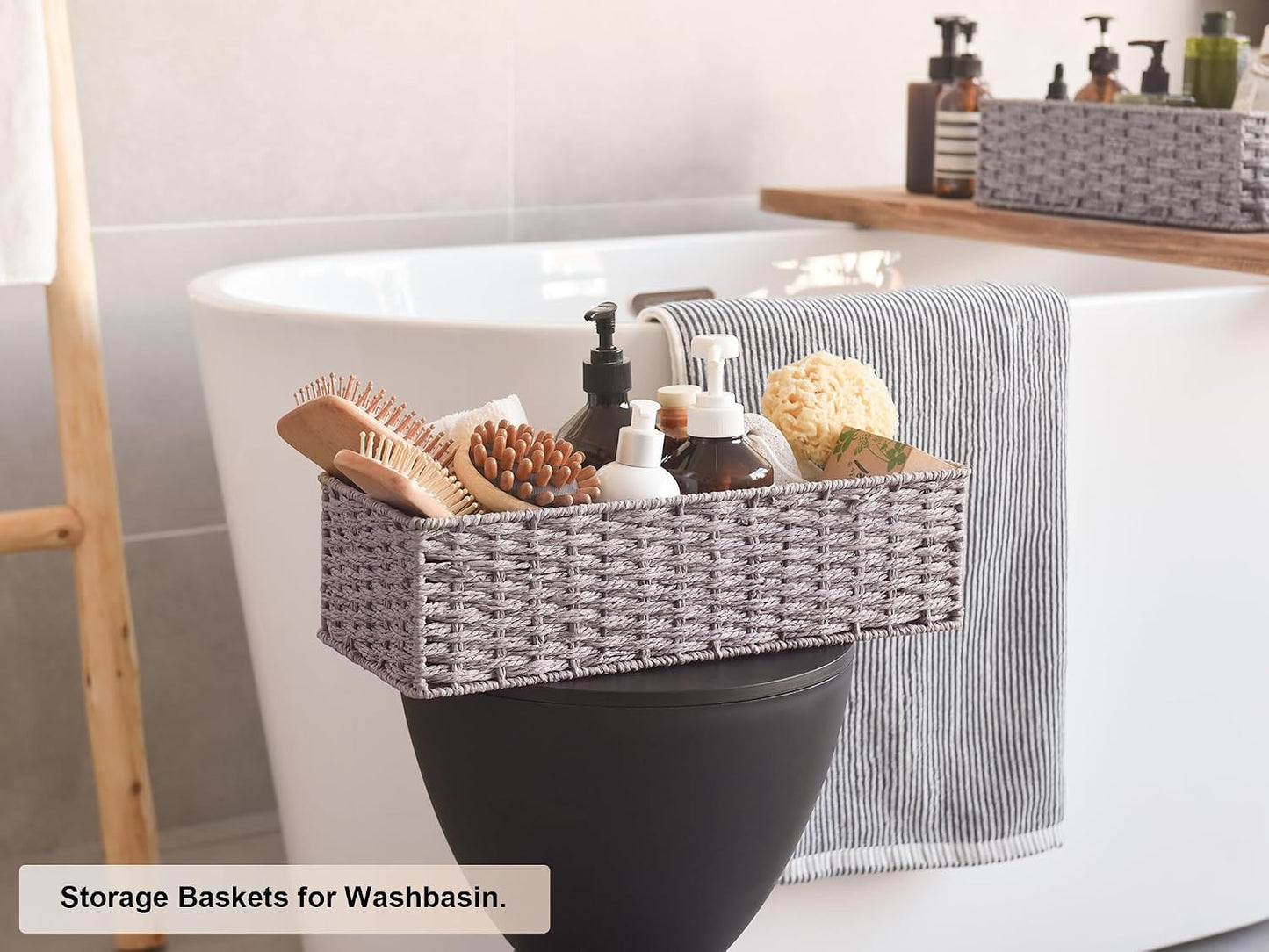 Wicker Basket / Round Paper Rope Toilet Tank Topper Basket / Gray / Set of 2
