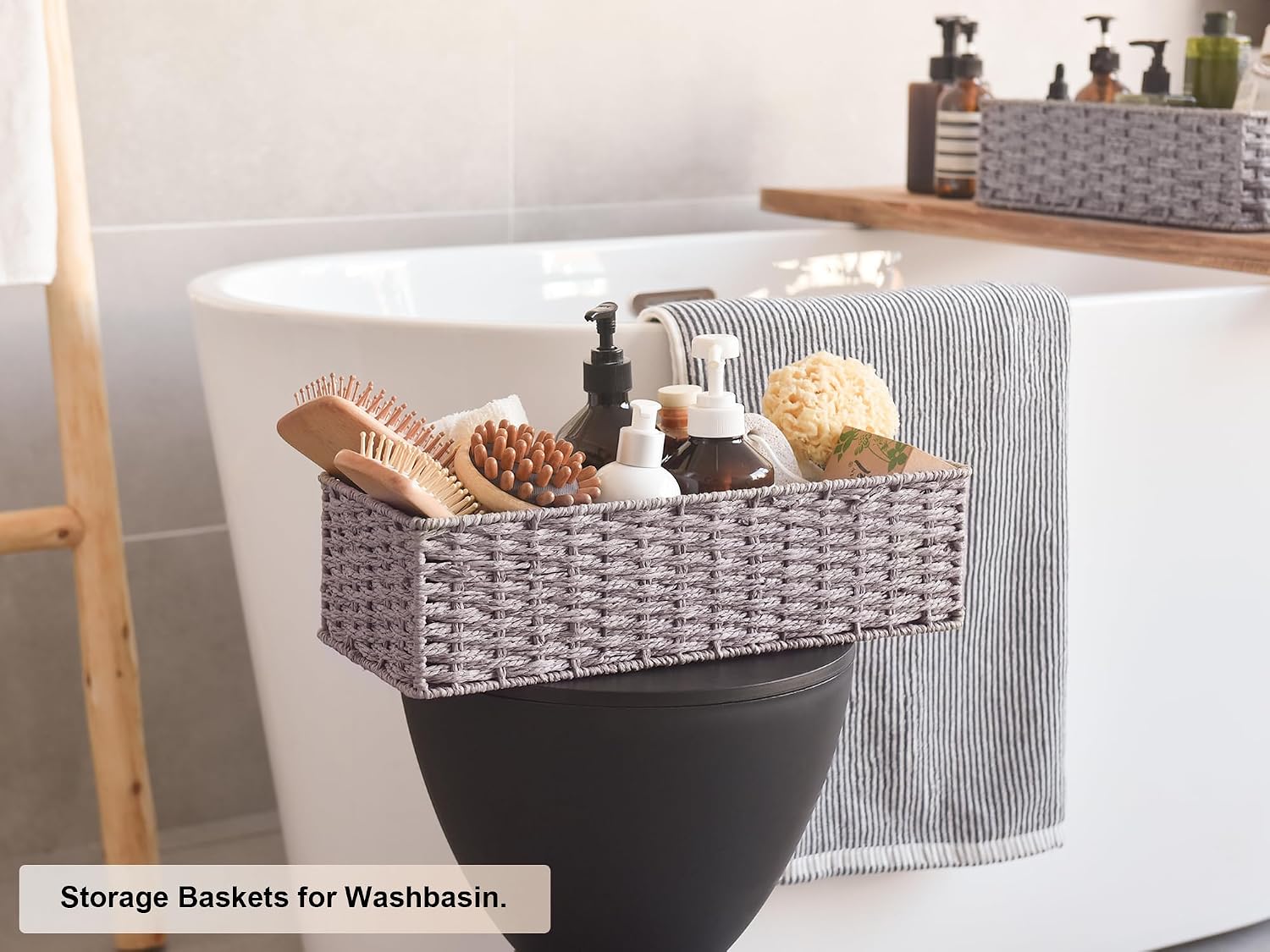Wicker Basket / Round Paper Rope Toilet Tank Topper Basket / Gray / Set of 2