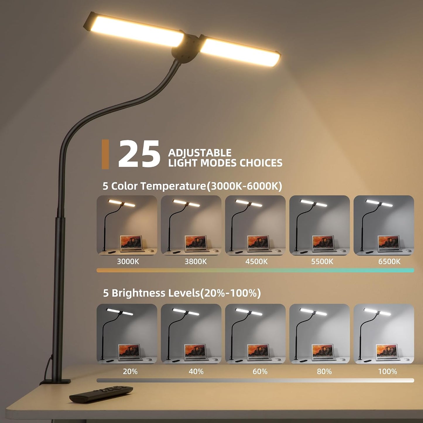 Motumen Led Desk Lamp for Home Office, Eye-Care Desk Light Clamp, Black | Smart Double Head Computer Monitor Table Clip