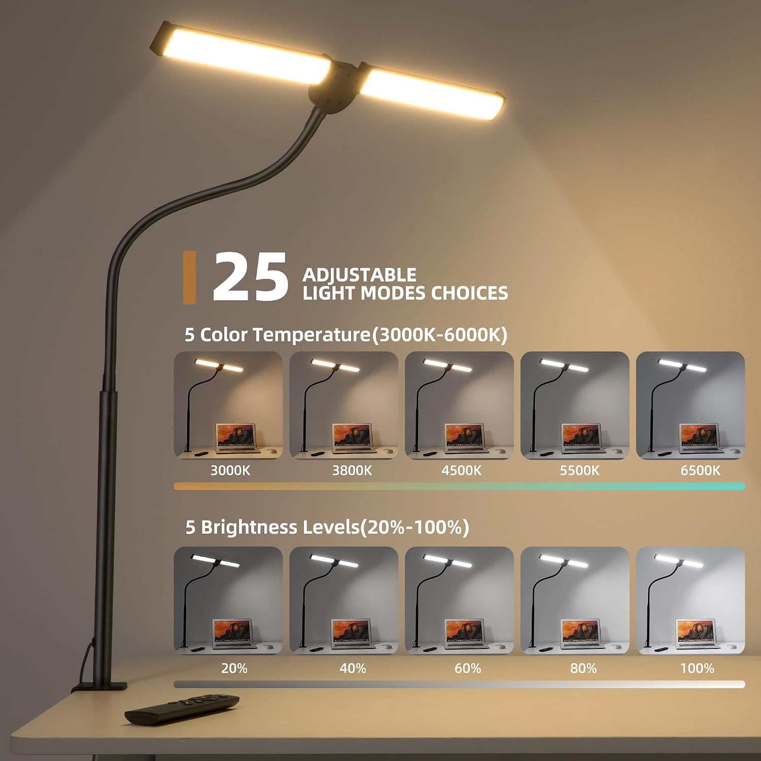 Motumen Led Desk Lamp for Home Office, Eye-Care Desk Light Clamp, Black | Smart Double Head Computer Monitor Table Clip