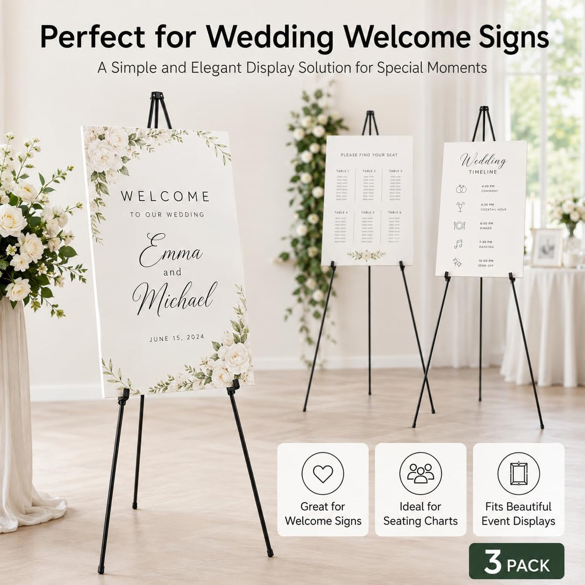 3 Pack Easel Stand for Sign, 63 Inch Portable Display Easel Stand, Black Metal Floor Easel for Wedding Welcome Sign