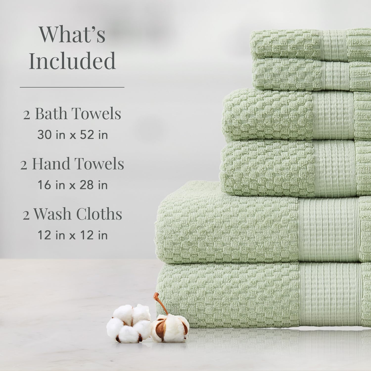 NY Loft 100% Cotton 6-Piece Bath Towel Set | Sage | Oeko-TEX | Quick-Dry | 30" x 52" Bath Towels | 16" x 28" Hand
