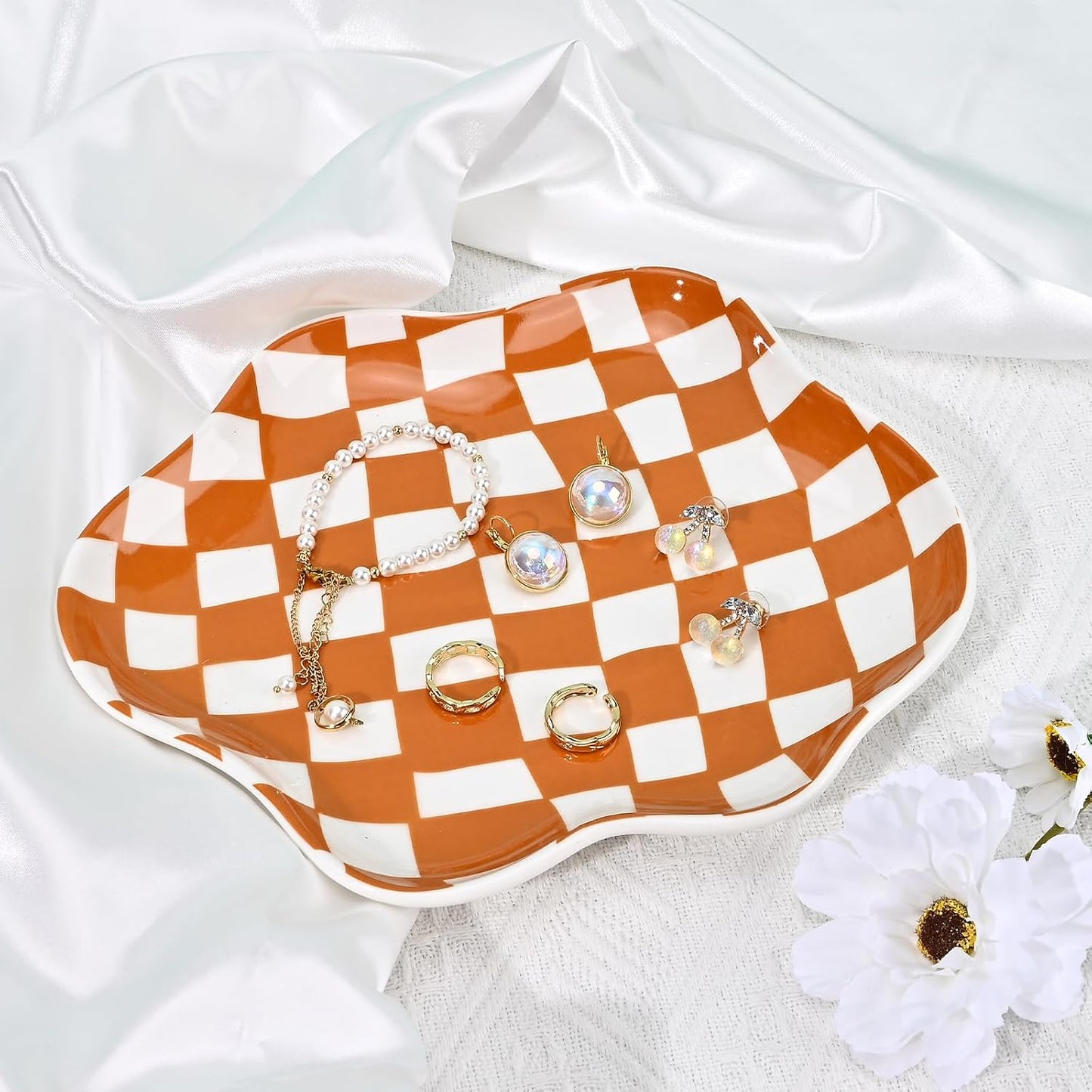 Ceramic Jewelry Dish Trinket Tray Organizer / Brown Plaid