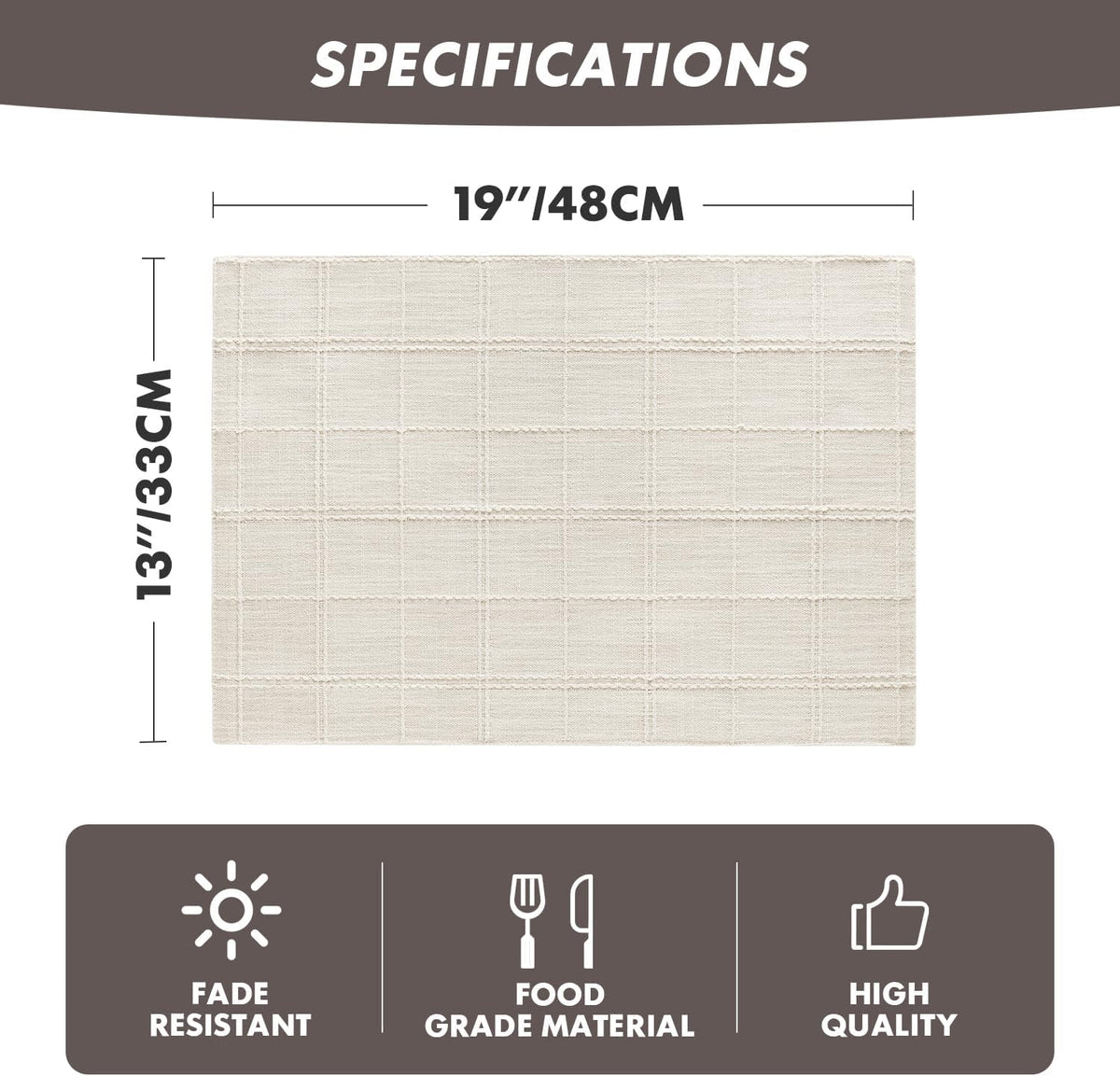 Linen Checked Farmhouse Placemats Set of 4, Ivory 13x19in | Double Layer, Reversible, Thick Textured Table Mats, Raised
