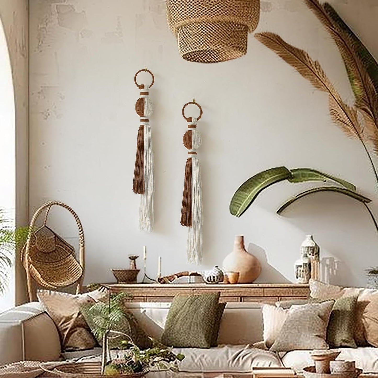 Macrame Wall Hanging Boho Home Decor Fiber Art / Ivory and Brown / Set of 2