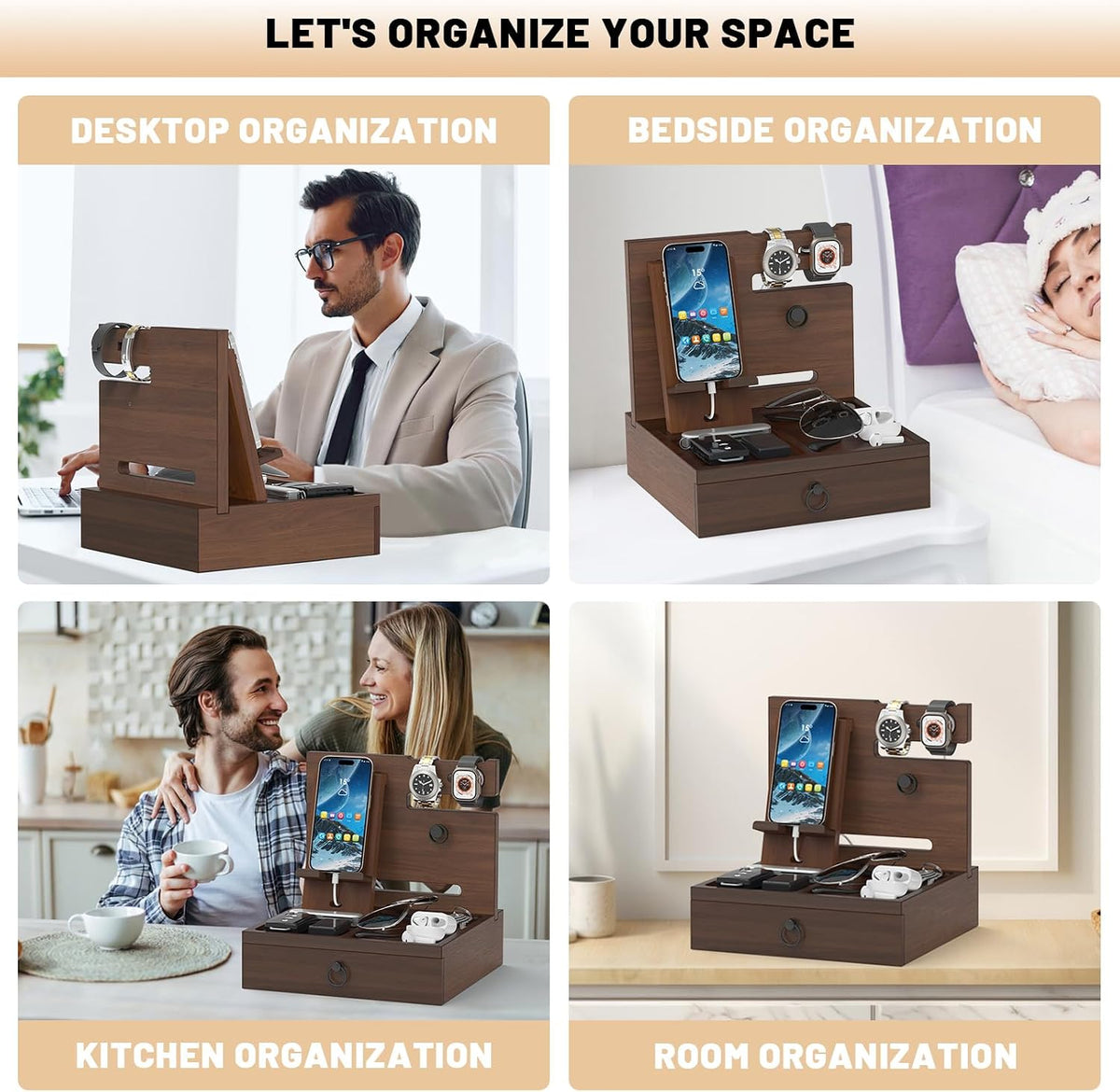 Wood Phone Docking Station, Nightstand Organizer with Drawer | Bedside Table Organizer for Watch & Accessories