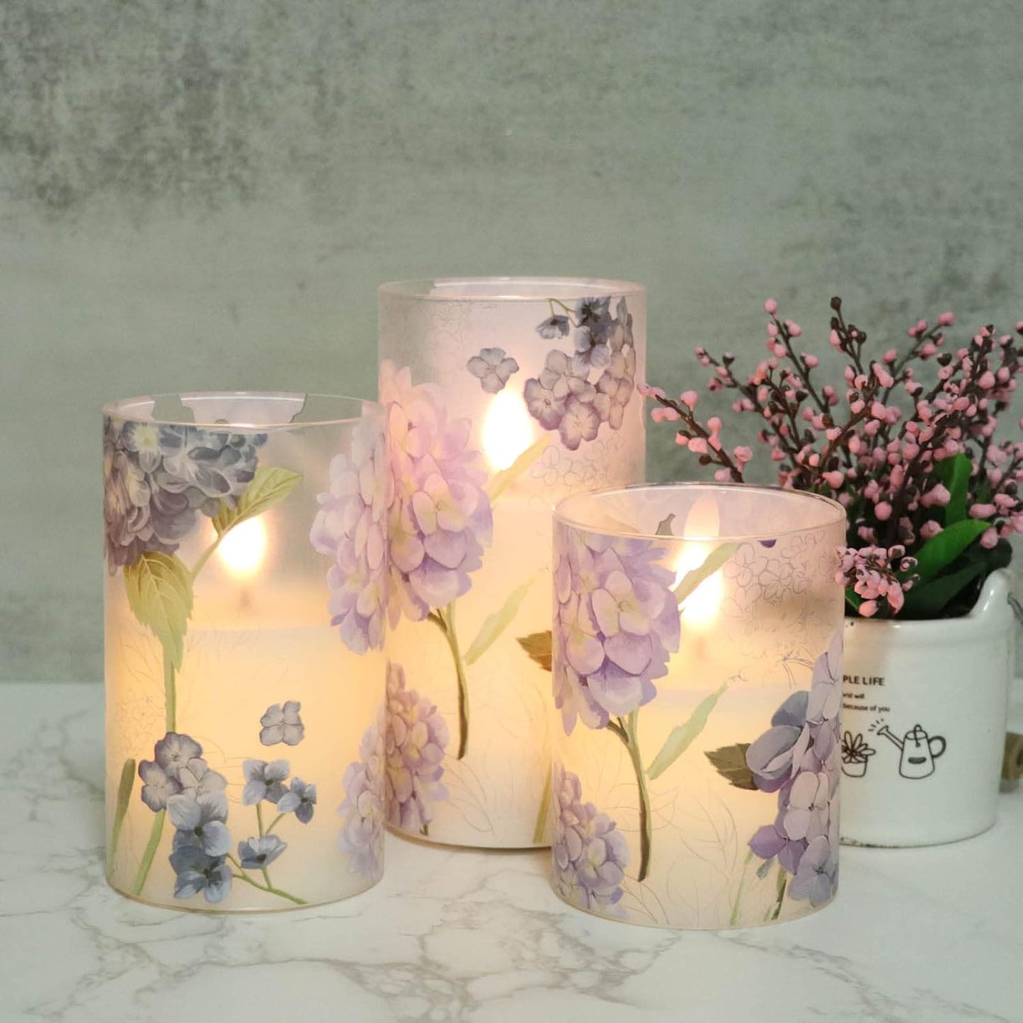 Hydrangea Glass Flameless Candles Batttery Operated Remote Timer | LED Flickering Pillar Candles, Real Wax 400 Hours