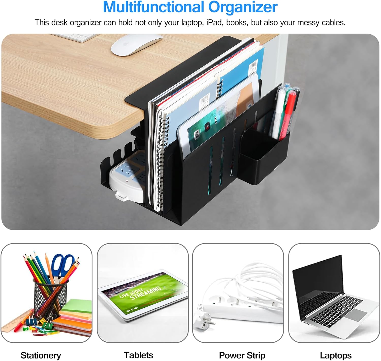 MAXECHO Desk Side Storage, Under Desk Laptop Mount, Table Side Hanging File Organizer, No Drill Clamp On Cable