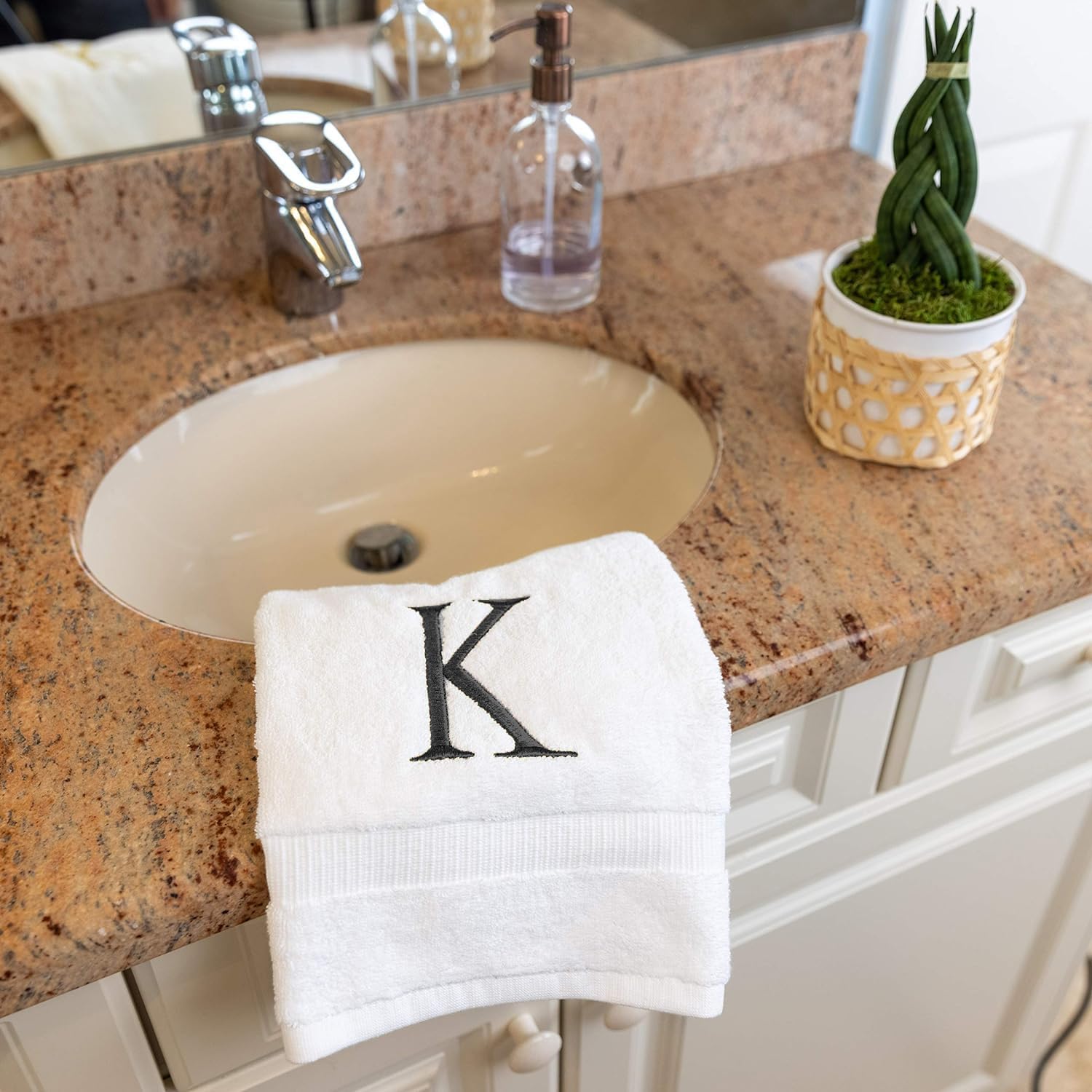 White with Dark Gray Monogrammed Hand Towels for Bathroom Set of 2 Letter K | Luxury Hotel Quality Initial Towels For