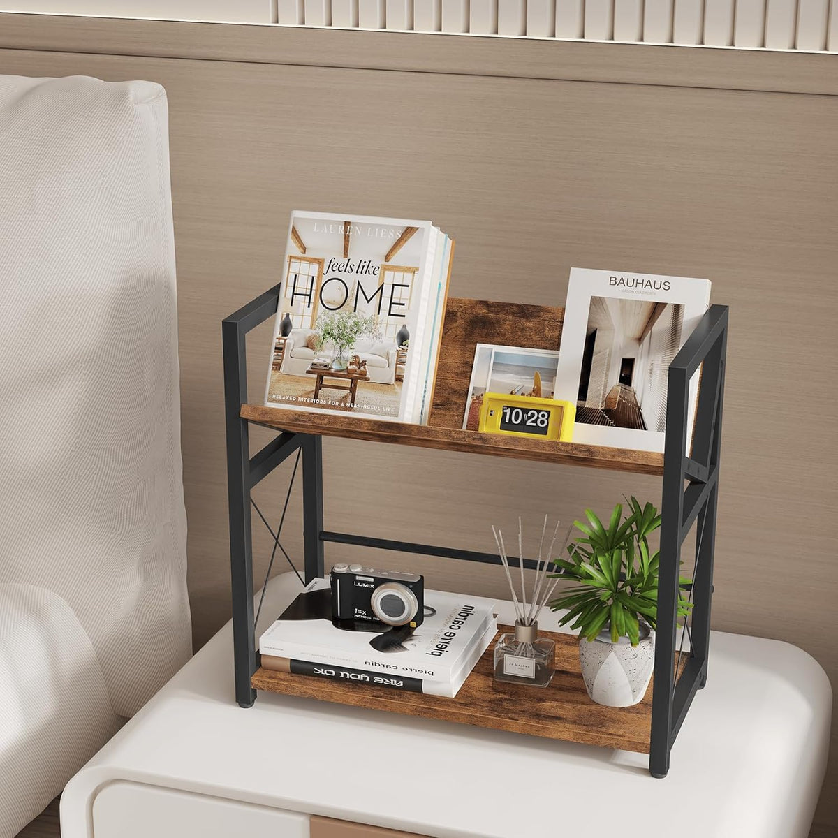 ELITEROO Desktop Bookshelf, 2 Tier Desk Shelf Organizer, Wooden Tabletop Bookcase, Small Desk Top Book Rack for Office