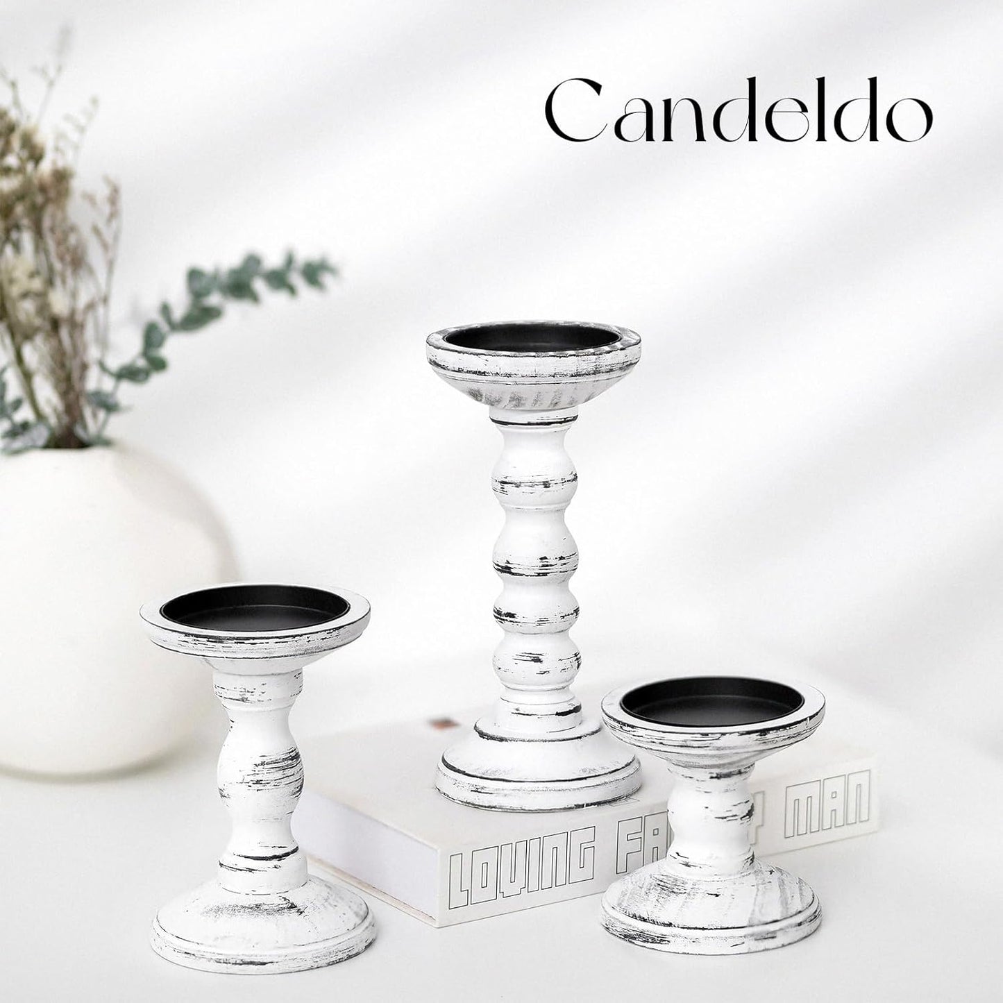 Wood Candle Holders for Pillar / White Black / XS+S+M / Set of 3