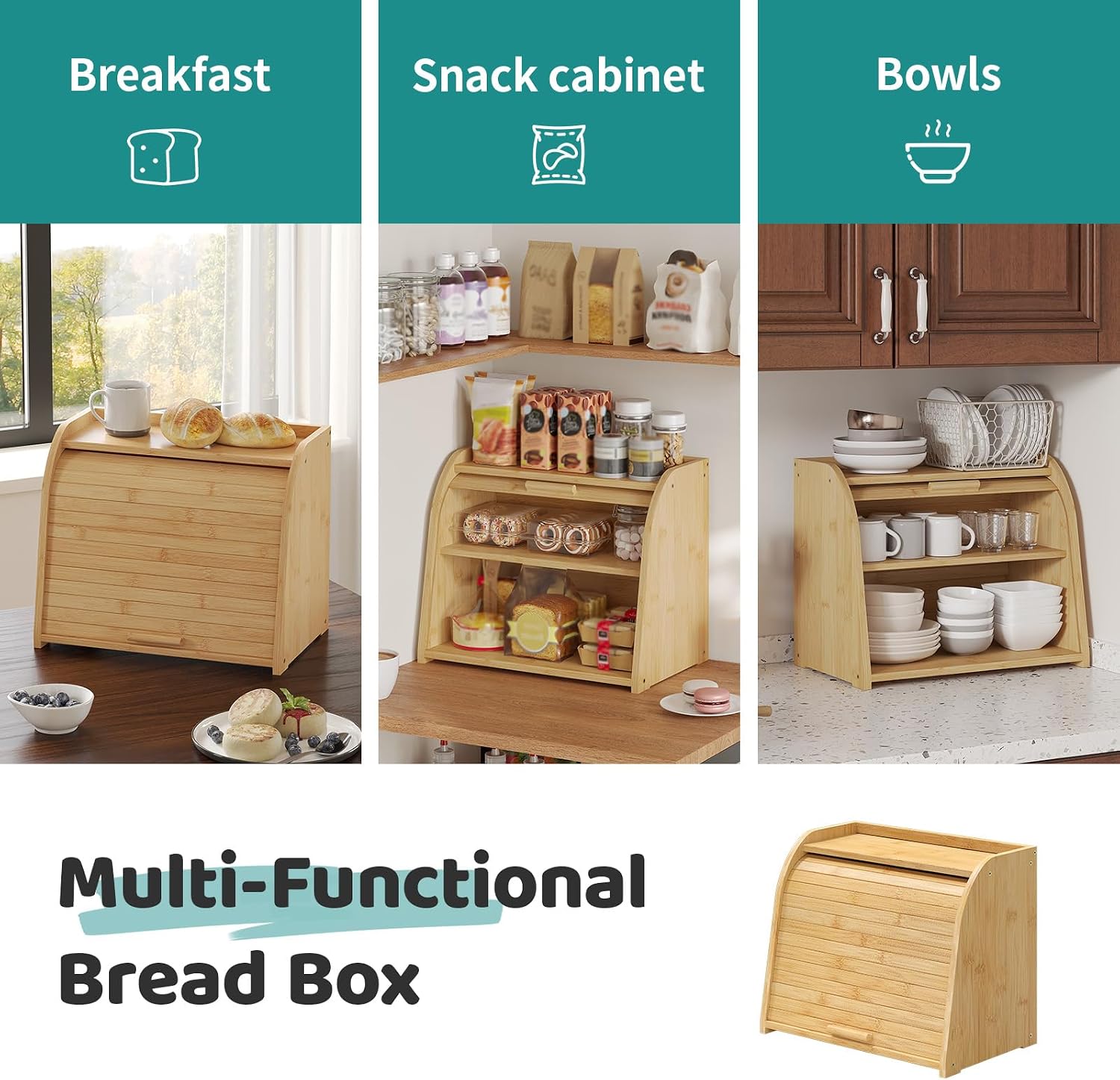 Roll Top Bread Box for Kitchen Countertop, 2-Tier Large Bamboo Wood Bread Box, Wooden Corner Bread Storage Capacity