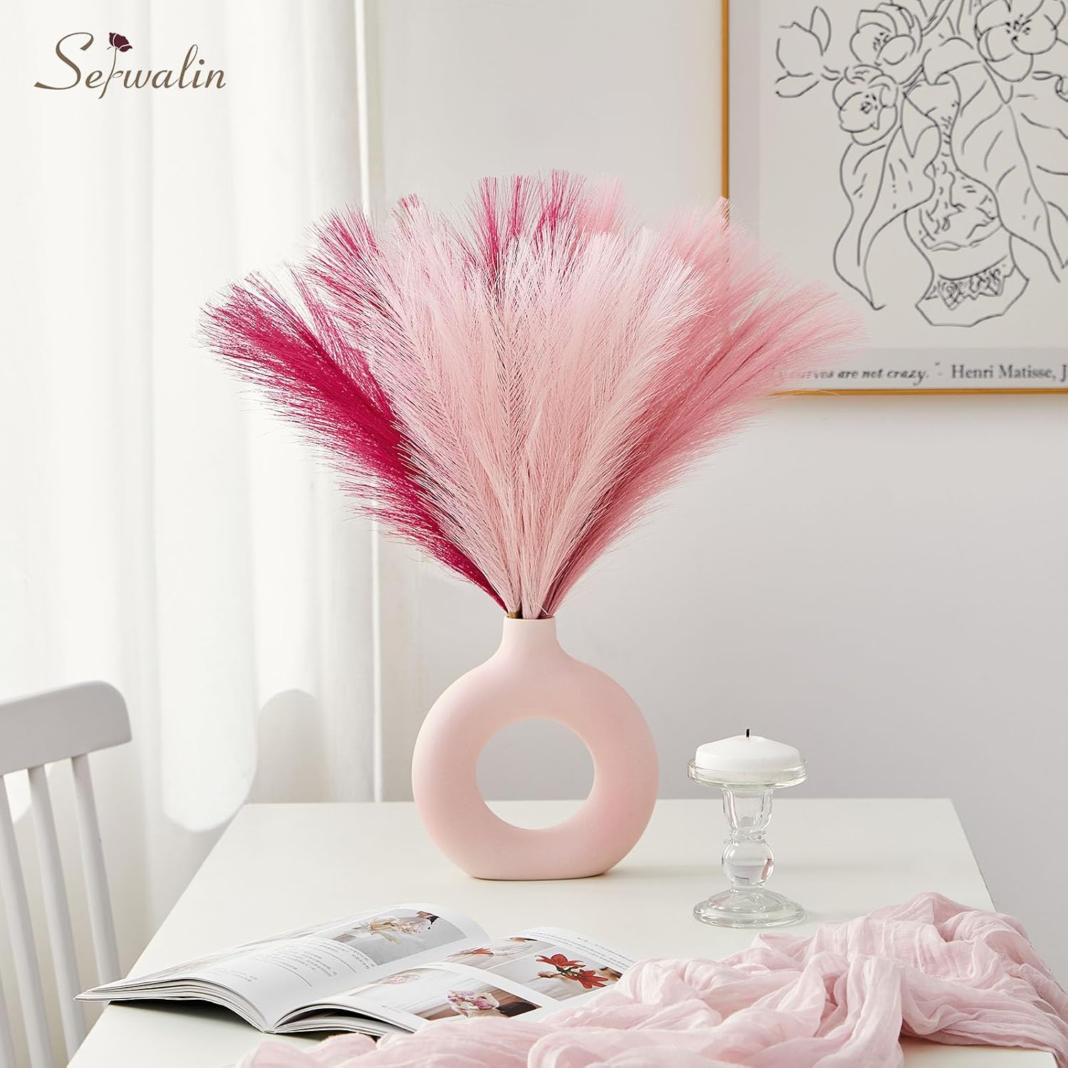 Artificial Pampas Grass / A Abby Hot Pink & Blush & Pink / 17 Inch / 17.7 Inch / Set of 6