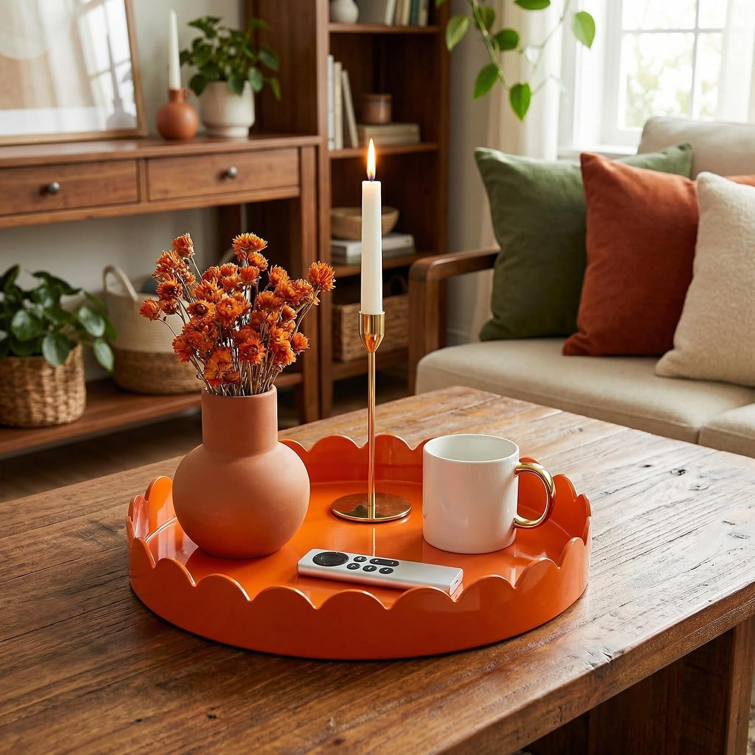 13" Round Scalloped Decorative Tray / Orange