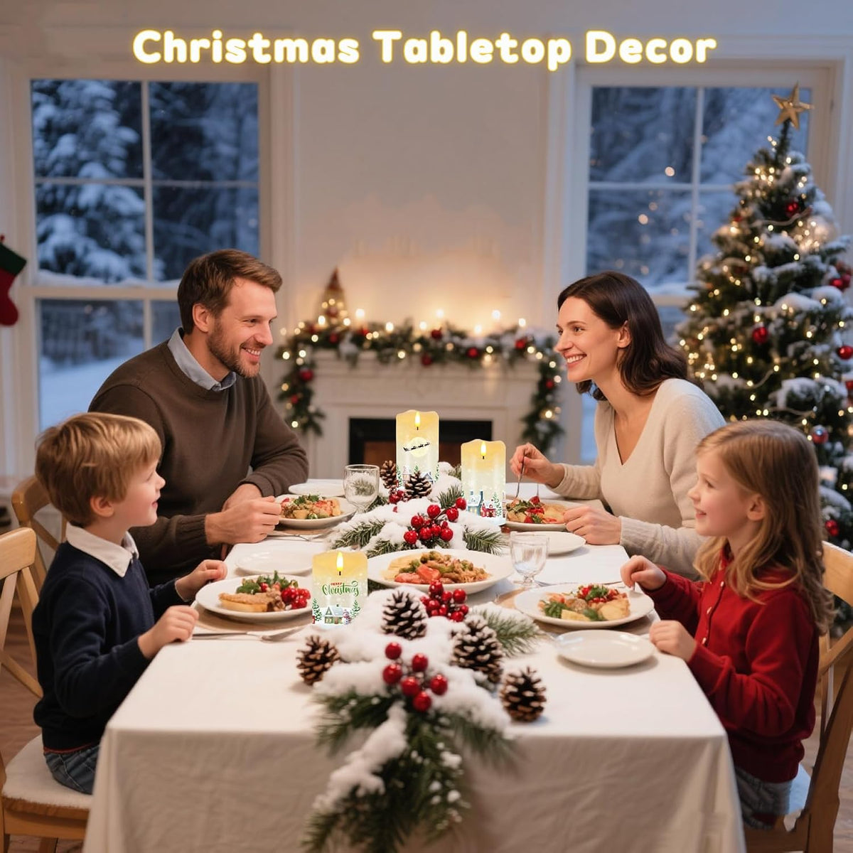 3PC Christmas Flameless Candles, Winter Cabin Candles with Remote & Timer | Flickering Real Wax Pillar Candles Battery