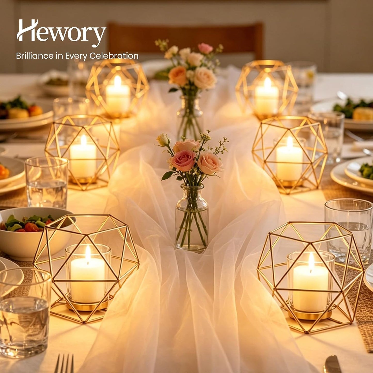 Hewory Geometric Tealight Candle Holders, 12 Pcs Wedding Table Centerpieces | Gold Candle Holders with Clear Cups, for