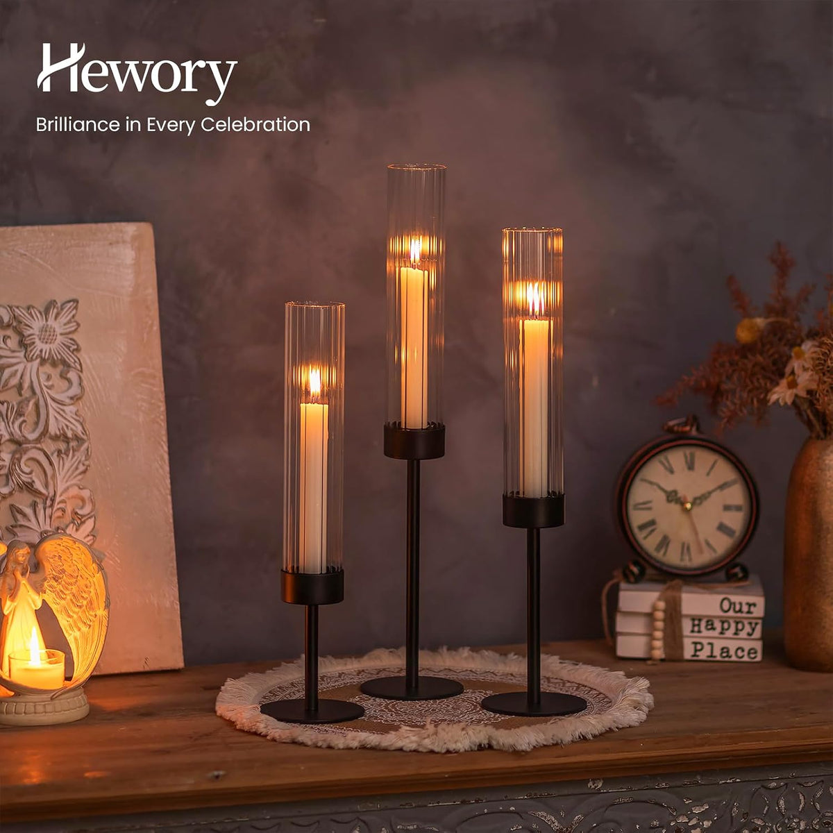 Hewory Black Taper Candle Holders: Candlestick Holders Set of 6 Hurricane Glass Tall Candle Holder for Candlesticks