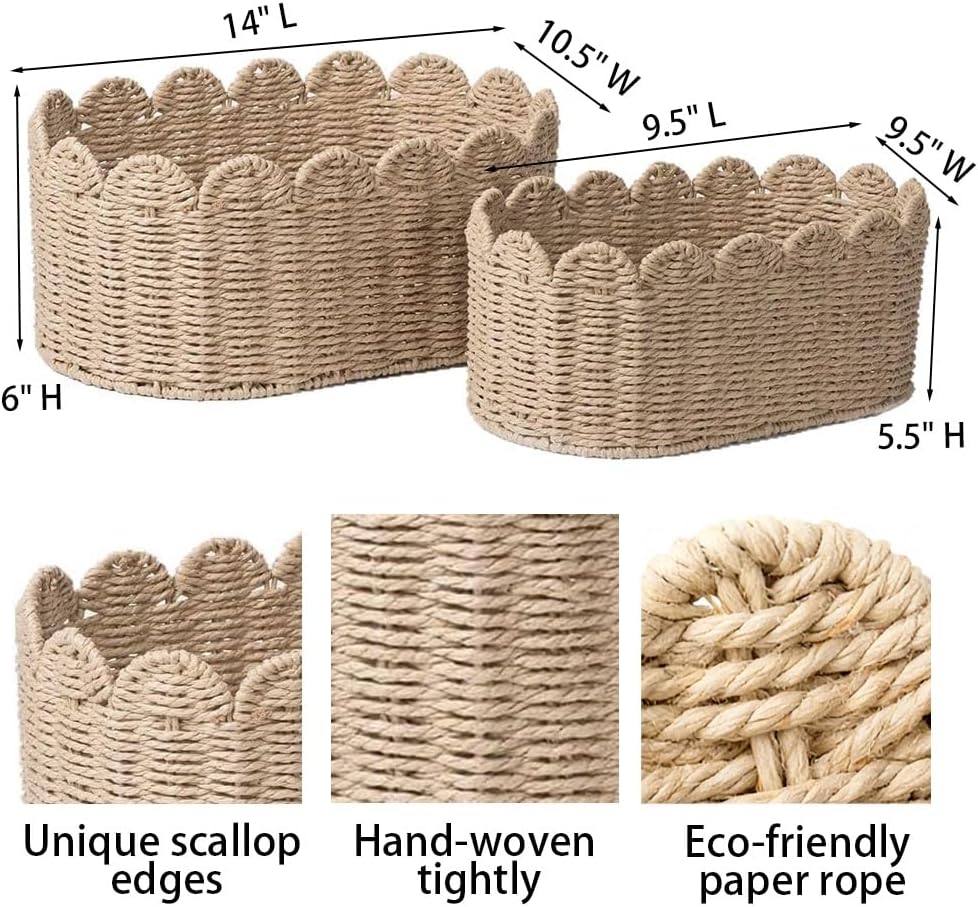 Scalloped Basket / Hand Woven Baskets / Ellipse-16"l x 10"W x 7"H / Natural / Set of 2