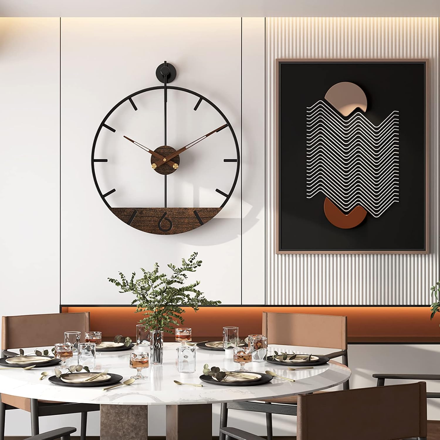 Modern Wood Walnut Dial Wall Clock, Large Simple Wall Decor Metal Frame Silent Non Ticking Clock for Living Room Decor