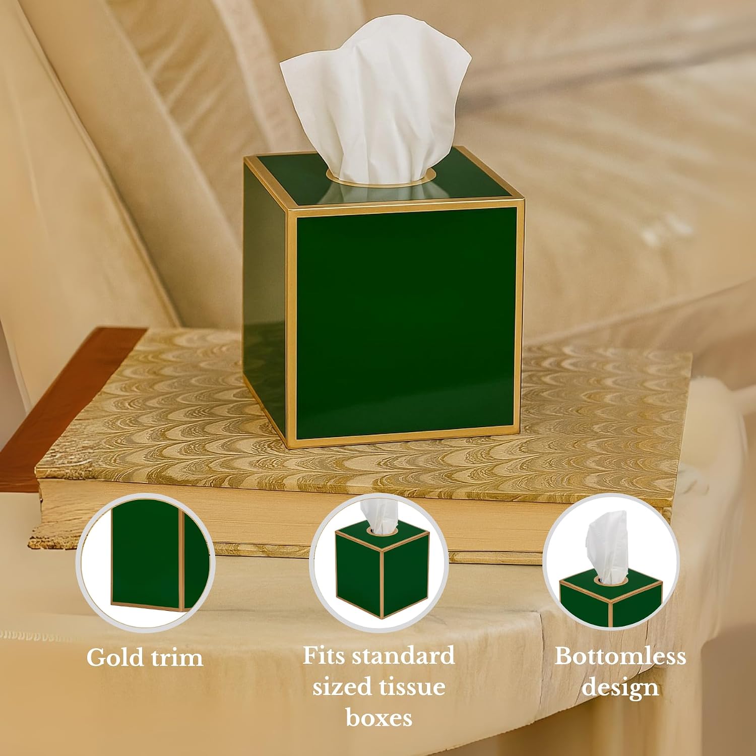 Jaye’s Studio Decorative Square Metal Tissue Box Cover Gold / Emerald Green
