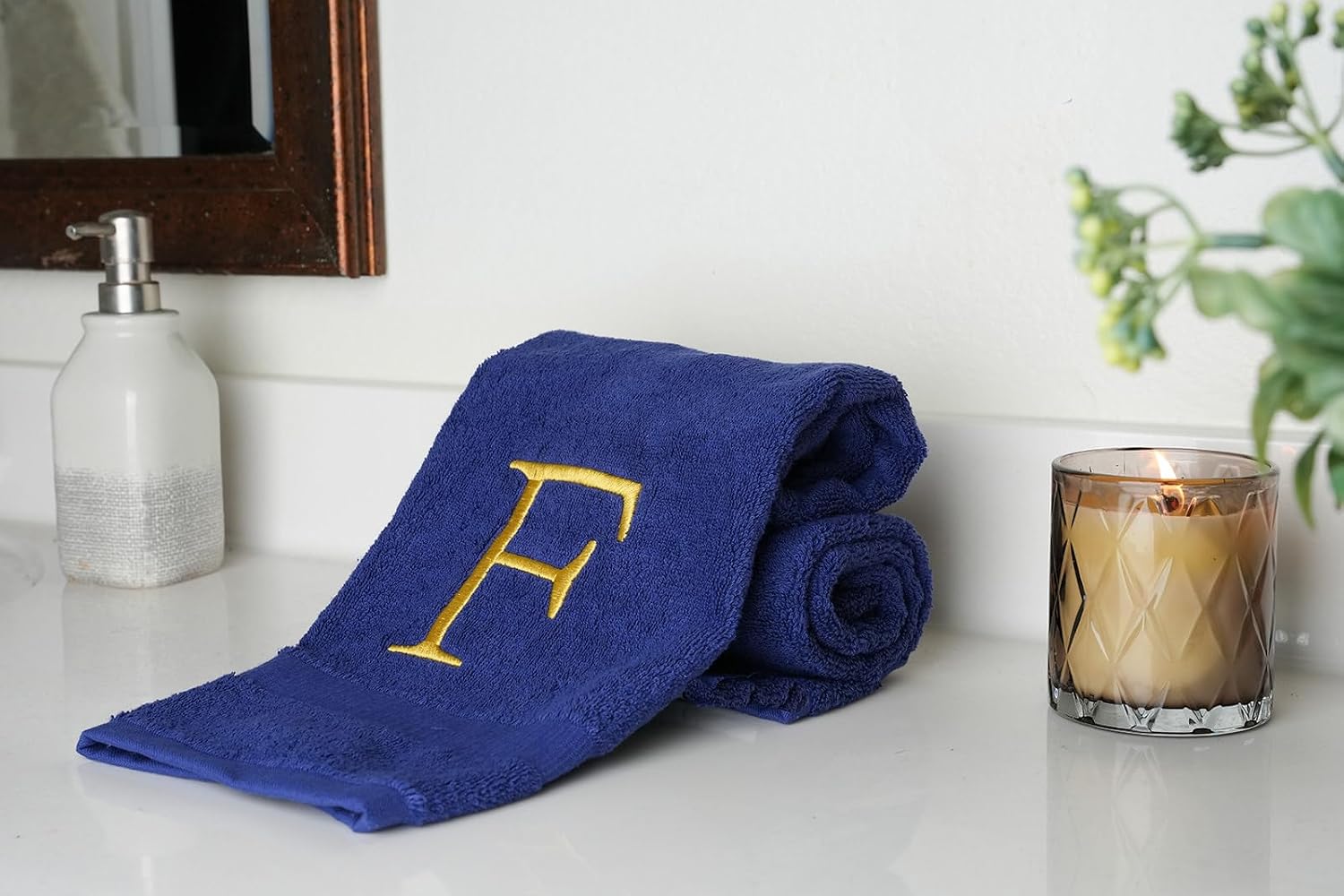 Navy with Gold Monogrammed Hand Towels for Bathroom - Set of 2 Letter F | Luxury Hotel Quality Initial Towels For