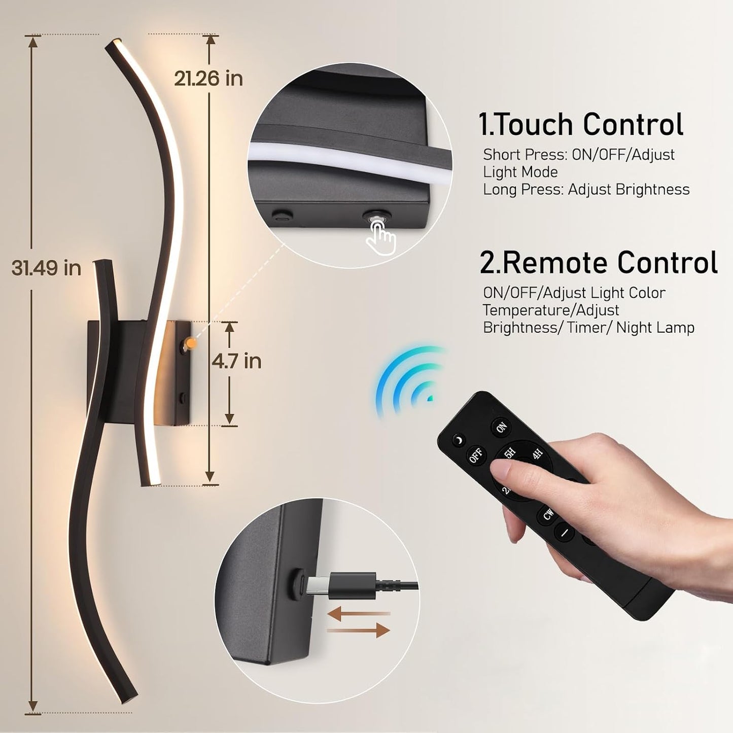 Battery Operated Wall Sconces Set of 2, Dimmable Rechargeable Battery Wall Light with Remote Control, 3000K-6500K LED