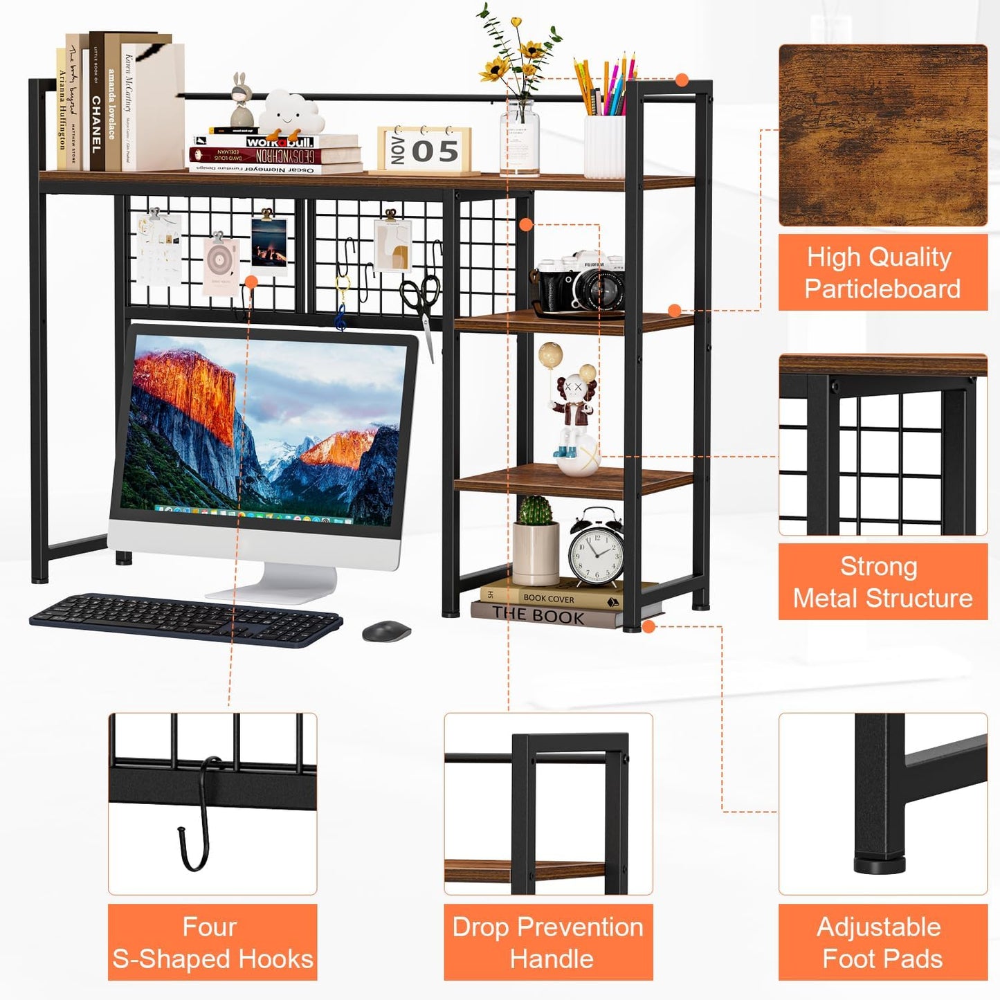 Snughome Desk Shelf, 38.6" Desktop Organizer Shelf, Desk Hutch for Computer Monitor, 4 Tier Desk Display Rack with