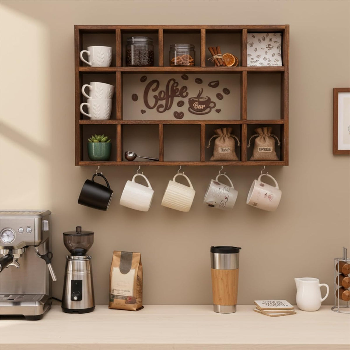 Cinnvoice Oversize Coffee Mug Display Shelf for Wall, Rustic Brown | Wood Coffee Mug Rack, Wall Mounted Shelf, Cubes