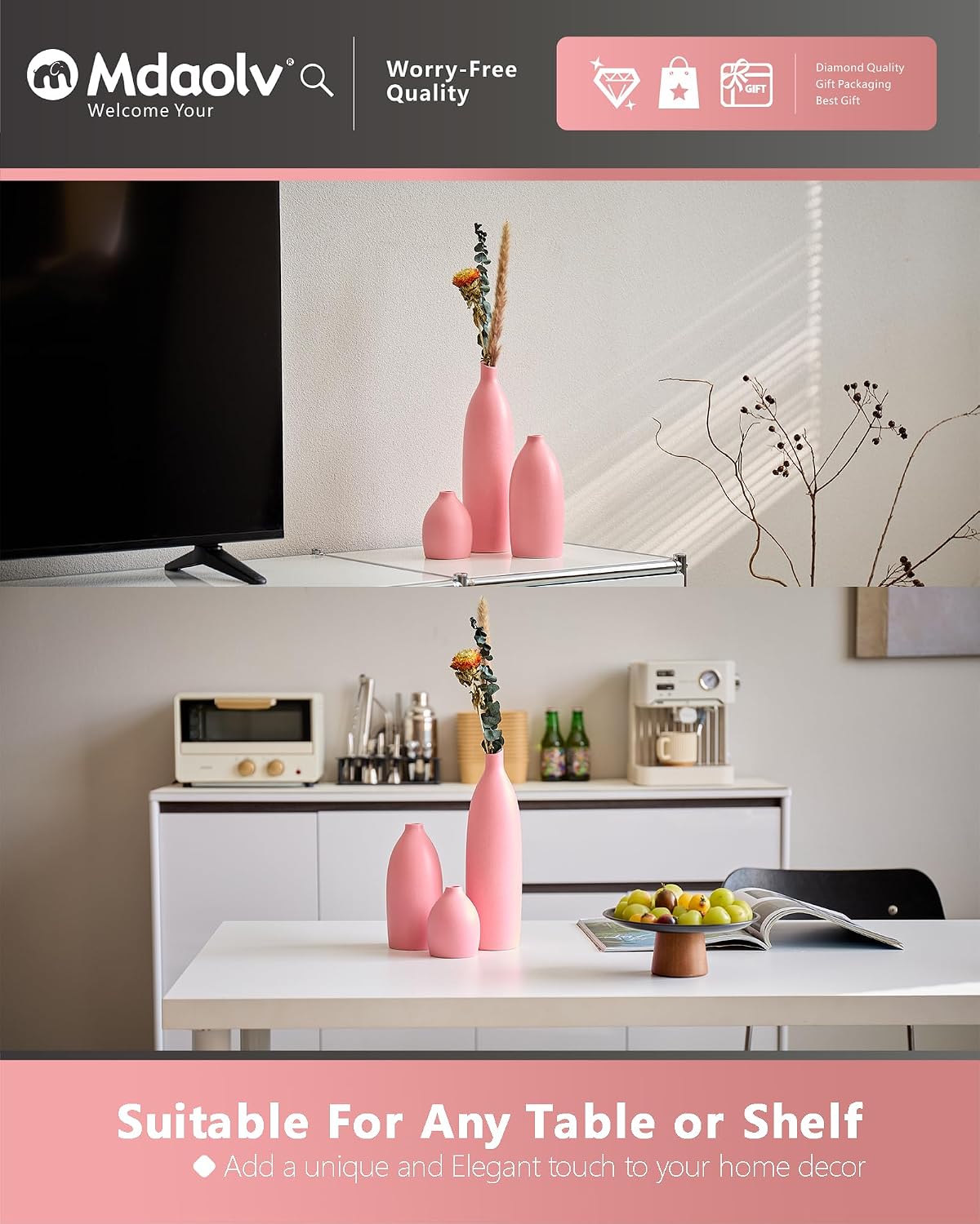 Modern Boho Aesthetic Bud Ceramic Vases Home Decor / Pink / Set of 3