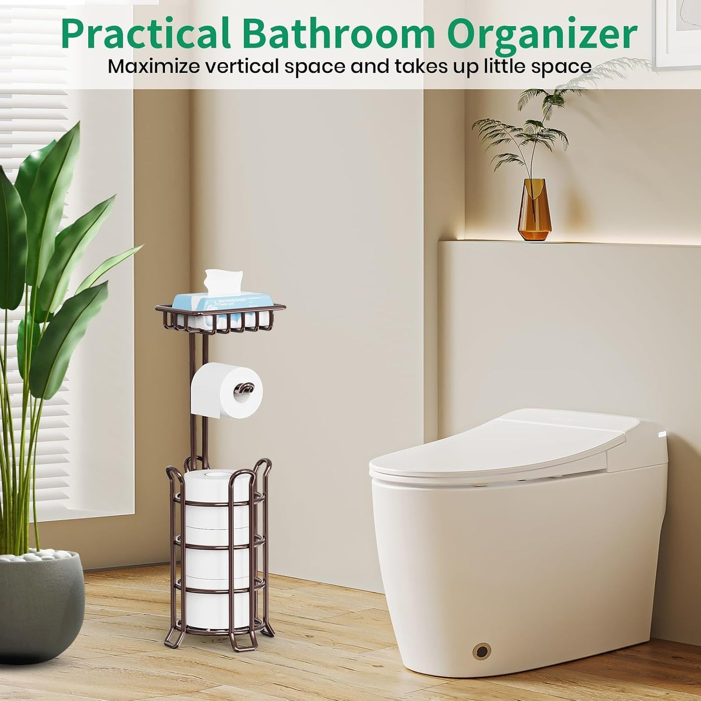 TomCare Toilet Paper Holder Free Standing with Shelf, Stable 4 Raised Feet | Stores 4 Mega Rolls, Tool-Free Assembly