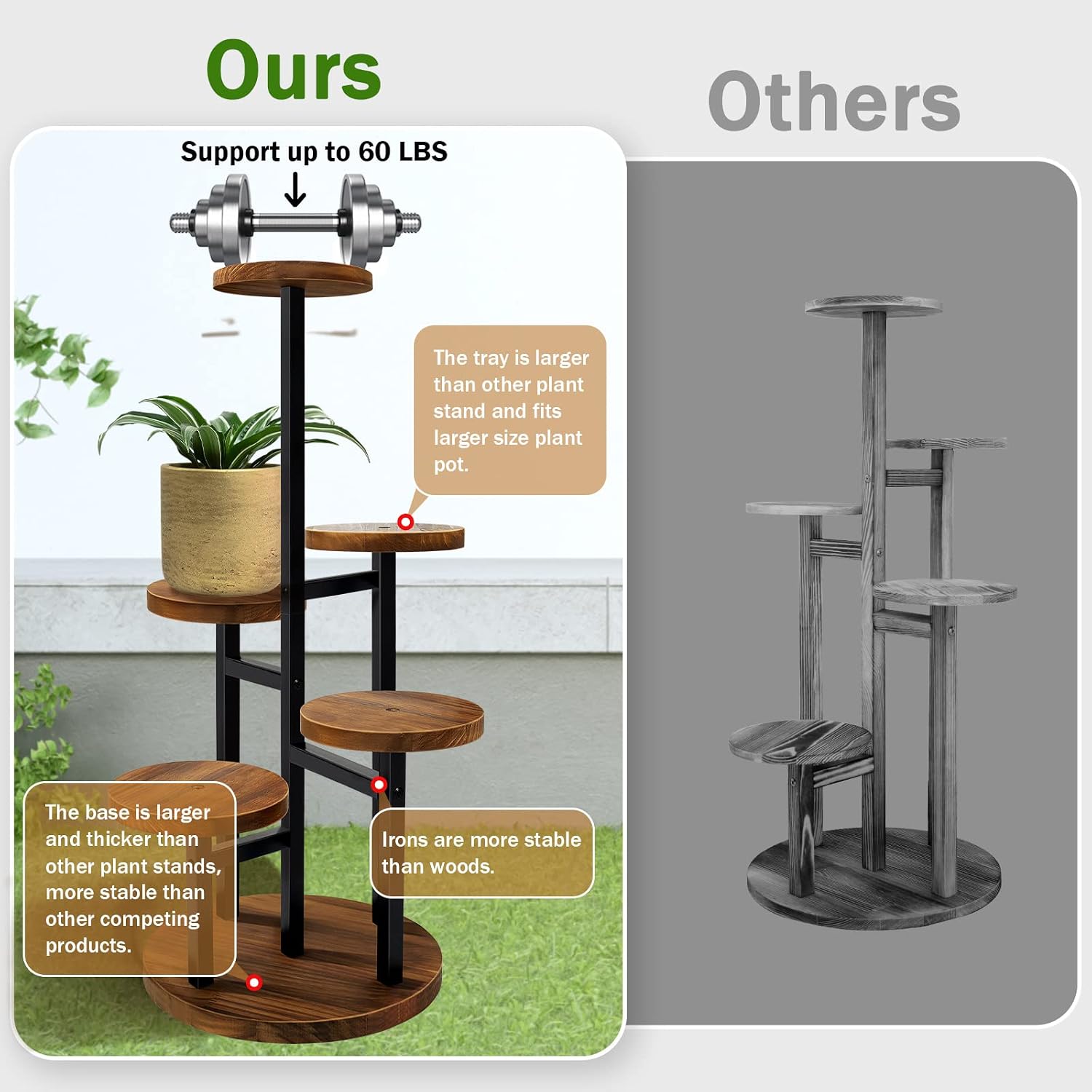 AUGOSTA 5 Tier Plant Stand, Tall Metal Wood Shelf Holder for Indoor Plants, Outdoor Garden Plant Display Rack Flower