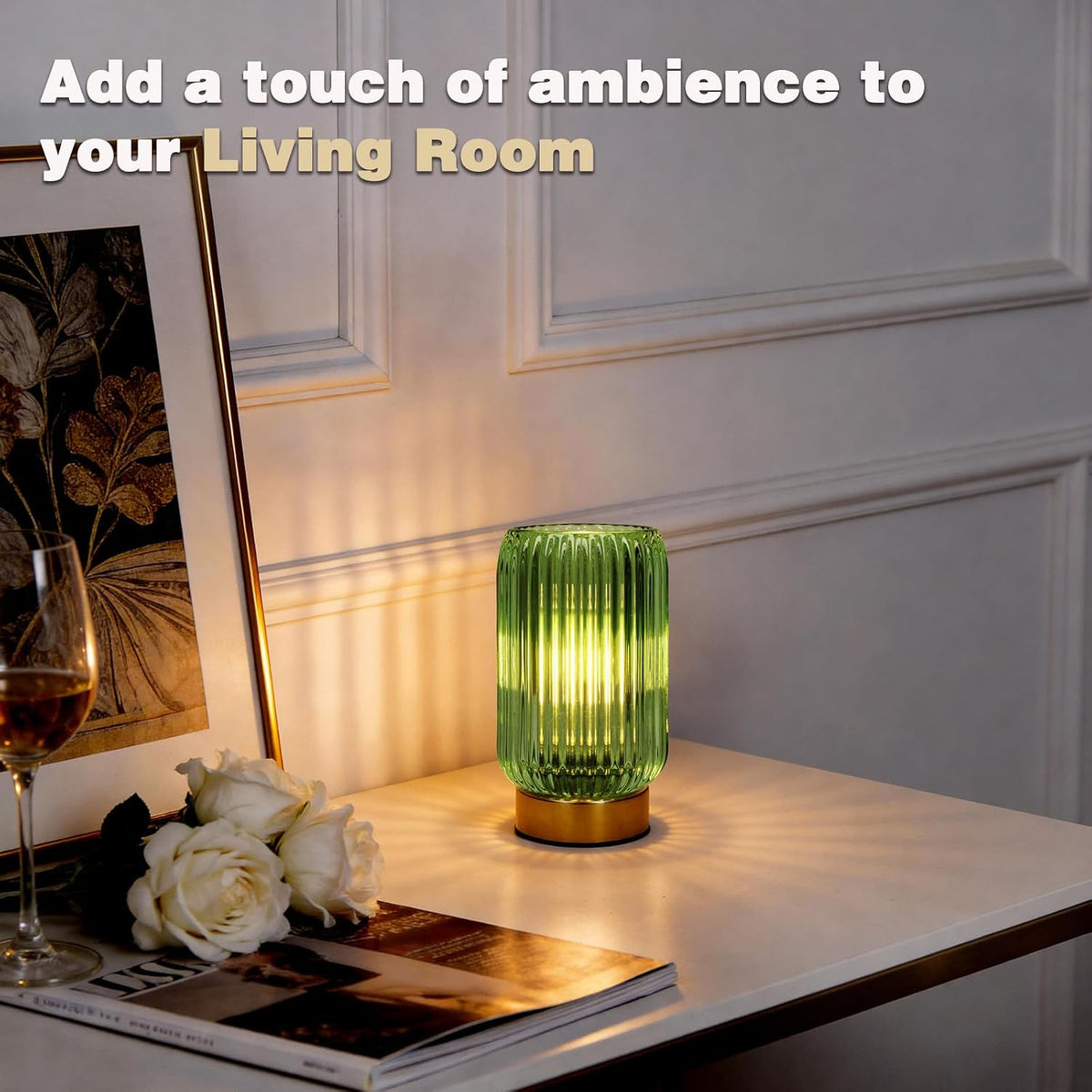 MJ PREMIER Battery Operated Lamp, Small Cordless Lamp with Timer, Green | Vertical Stripes Glass Lampshade, Small Table