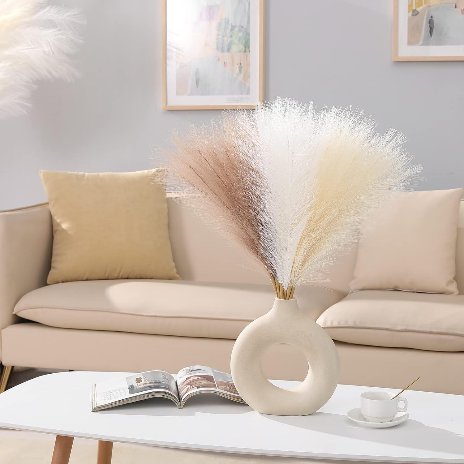 Artificial Pampas Grass Decor Boho Decor / Ivory & Beige & Sand / 17 Inch / 17.7 Inch / Set of 6