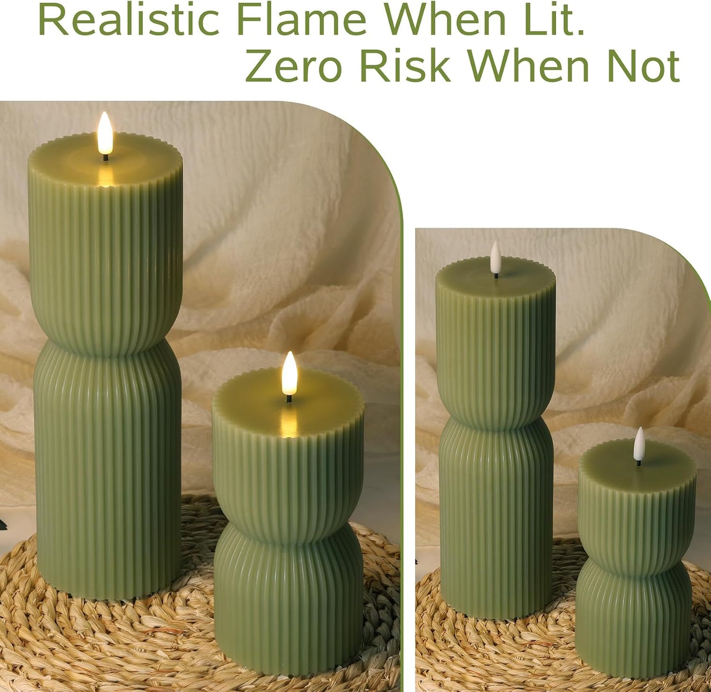 Ribbed Flameless Pillar Candles / Olive Green / Set of 2