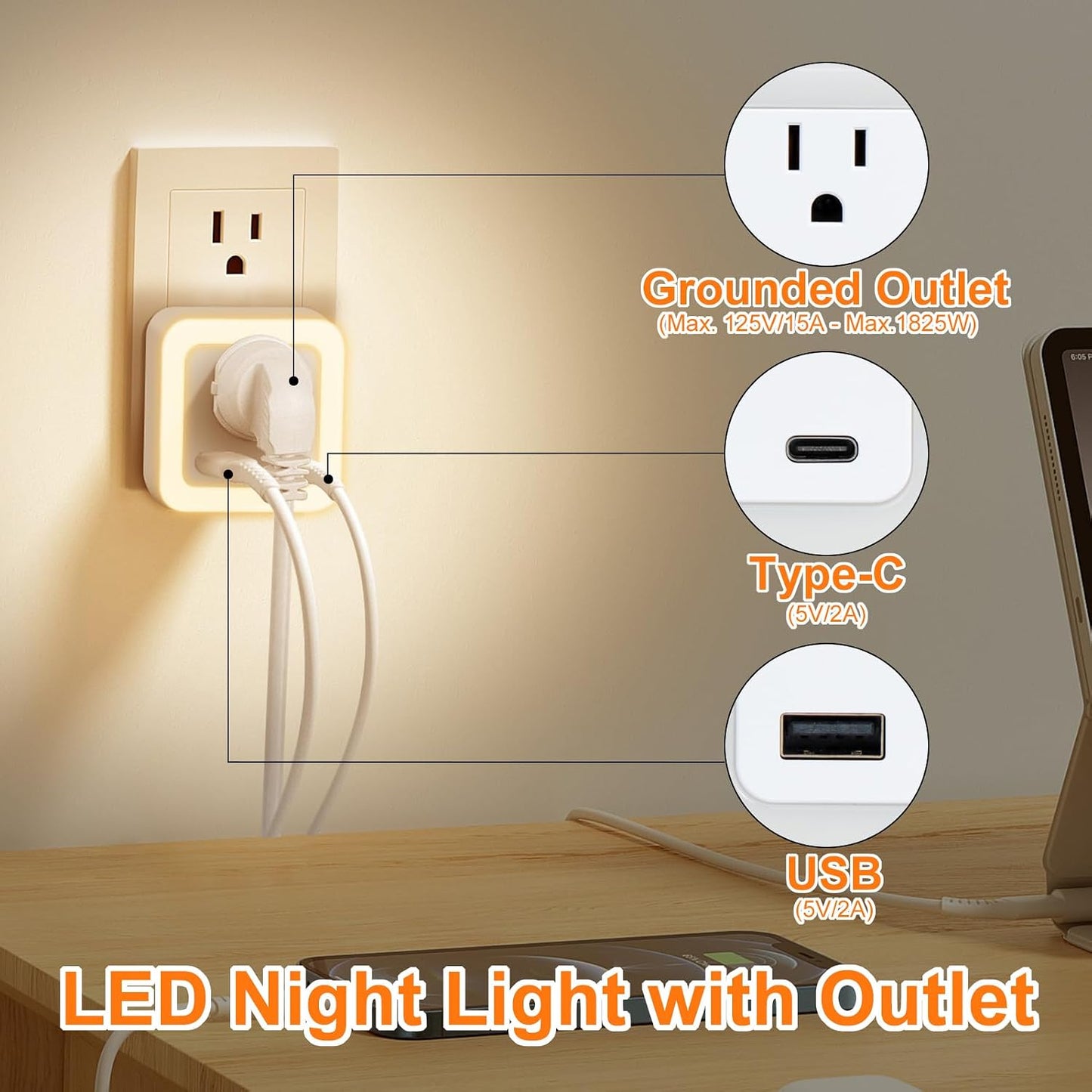 Night Lights Plug Into Wall 2 Pack Rechargeable Battery Backup Light | Dusk to Dawn Sensor Night Light with Outlet