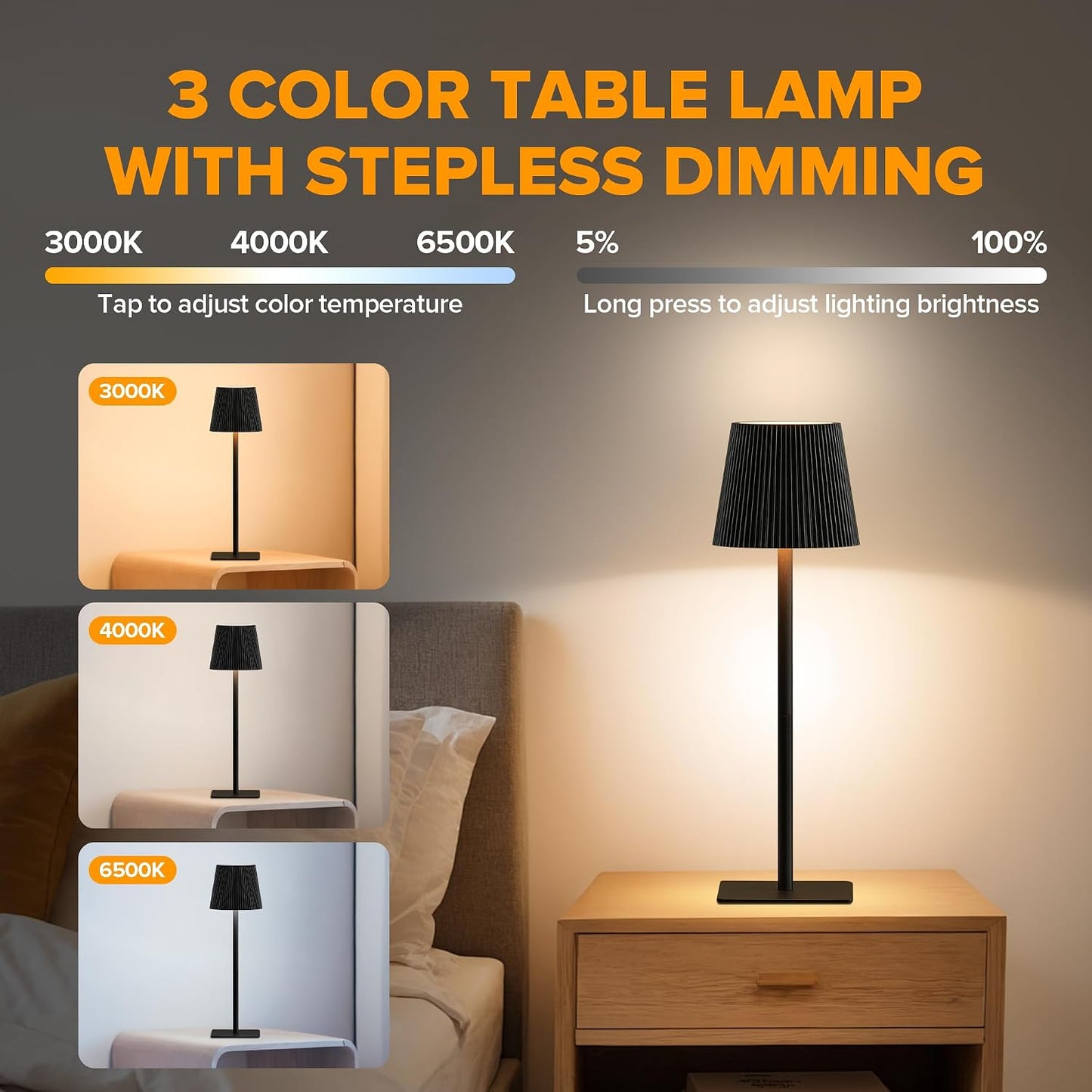 LUTEC 2 Pack Cordless Table Lamp,6000mAh Rechargeable Battery Operated Desk Lamp,Two Adjustable Heights,Waterproof