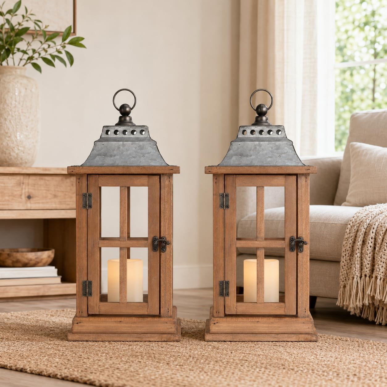 Bdor 15 Inch Outdoor Decorative Lanterns, Set of 2 Wooden Candle Lanterns | Tempered glass, galvanized tops, decorative