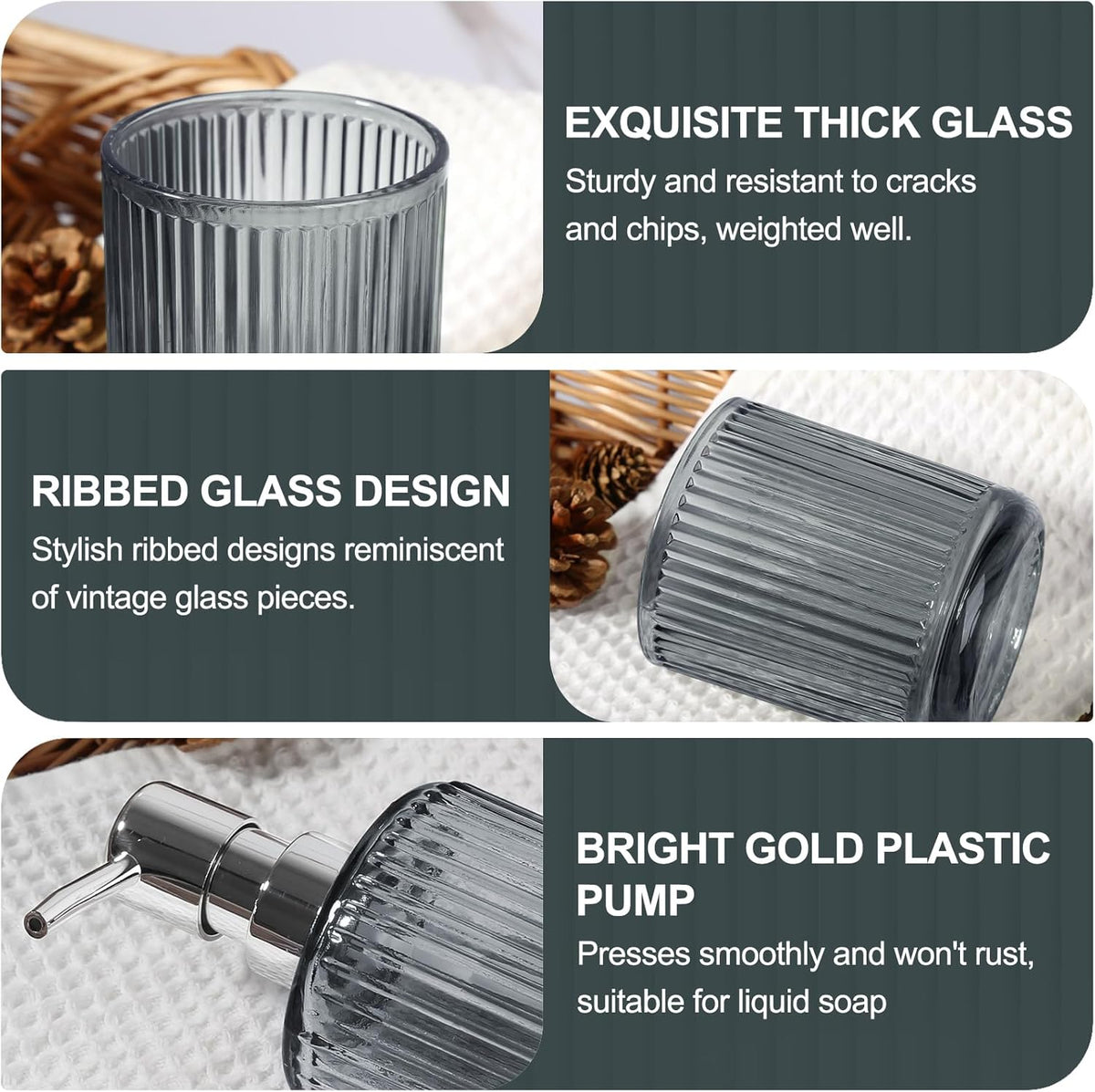 KASUNTING Gray Glass Bathroom Accessories 4 Pcs, Grey Bathroom Set, Soap Dispenser and Toothbrush Holder Set, Qtip