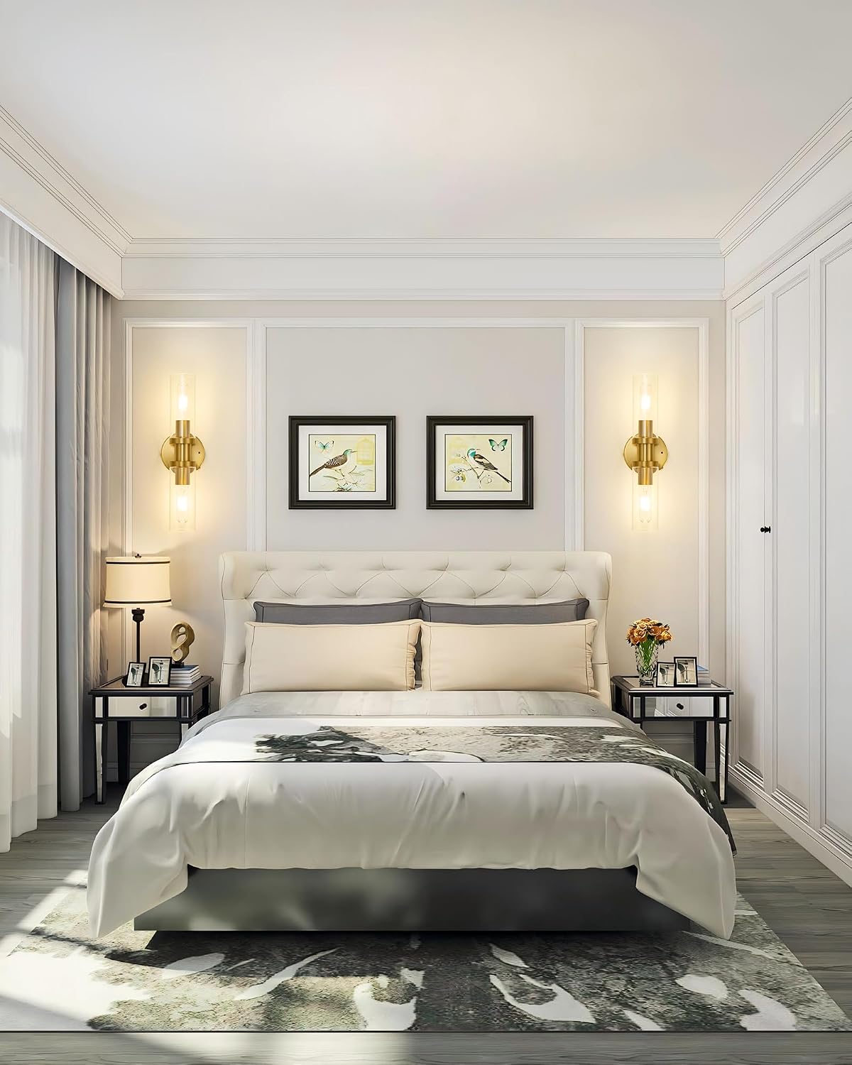 Battery Operated Wall Sconces, Wall Lights, Gold, 16.5 Inch, Easy Install | Glass Dimmable Wireless Rechargeable