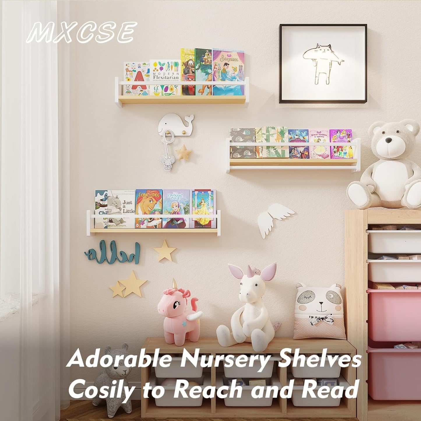 Pine Wood Nursery Shelves / White & Wooden / 16 In