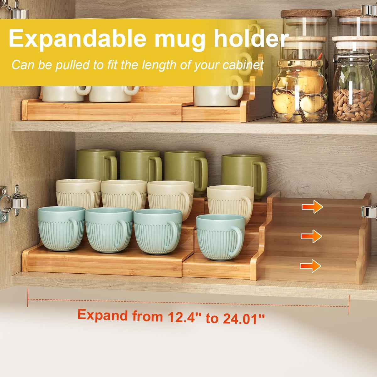 Hongtamoya 3-Tier Expandable Bamboo Mug Holder For Countertop Coffee Cup Holder Display Mug Organizer Mug Rack for