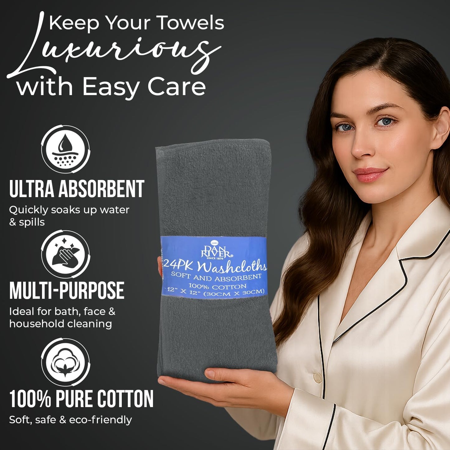 DAN RIVER 24 Pack Cotton Wash Cloths Set for Showering [12x12] Gray | Lighter Weight, Quick to Dry, Super Soft &