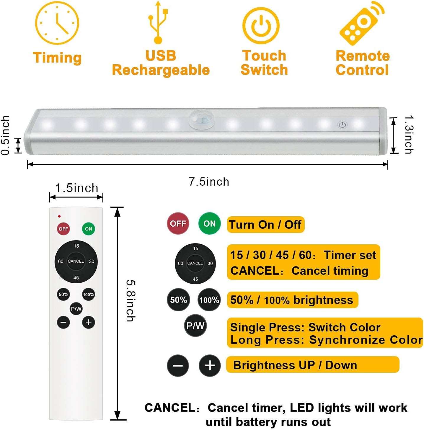 Remote Control Under Cabinet Lighting Wireless 6 Pack, 20-LED Dimmable Closet Lights Rechargeable Under Counter Light